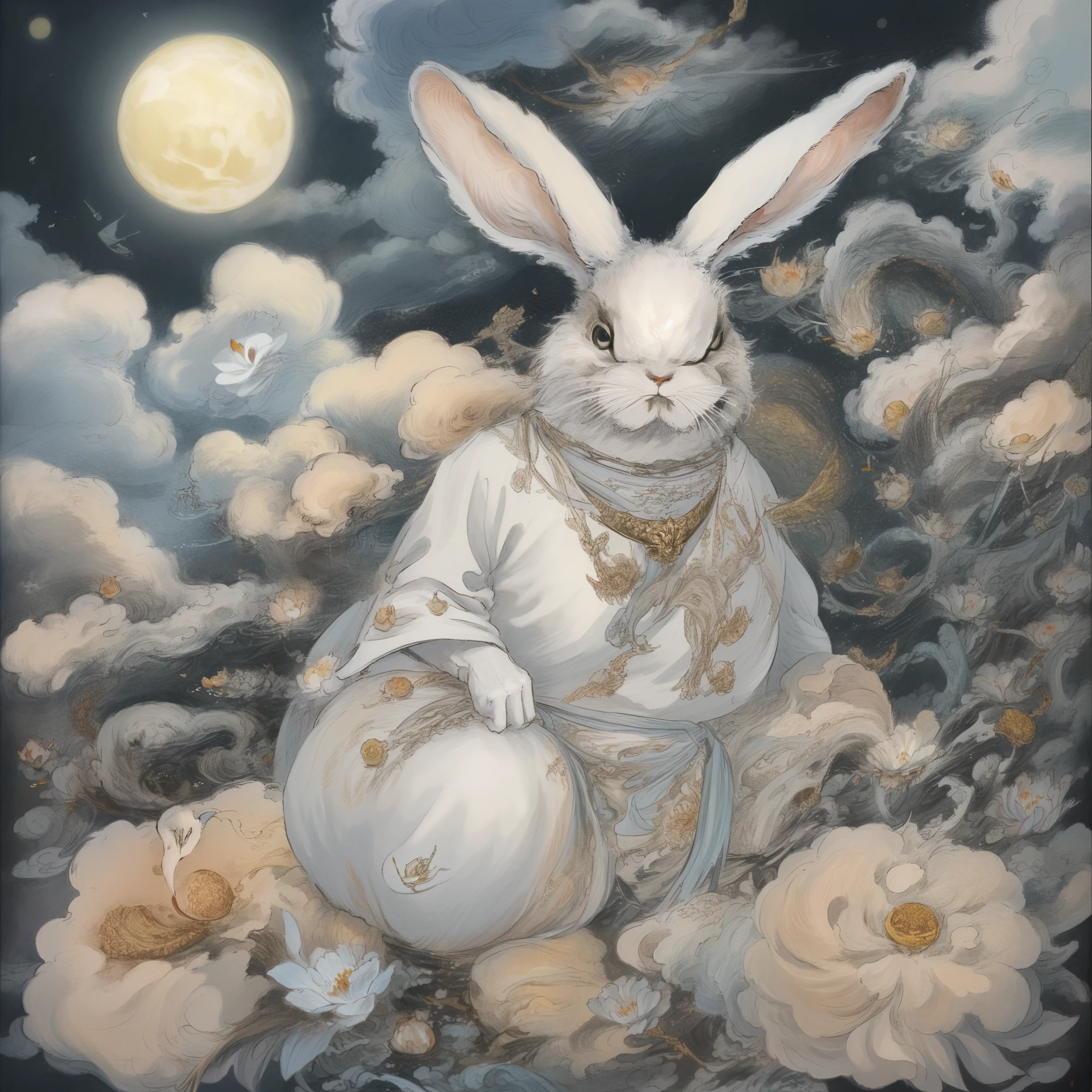 Yamazawa， themoon， Clouds， Skysky， Smart rabbit，painting of a（curly）， natta， jewely， Traditional media，  fresh flowers，
high high quality，