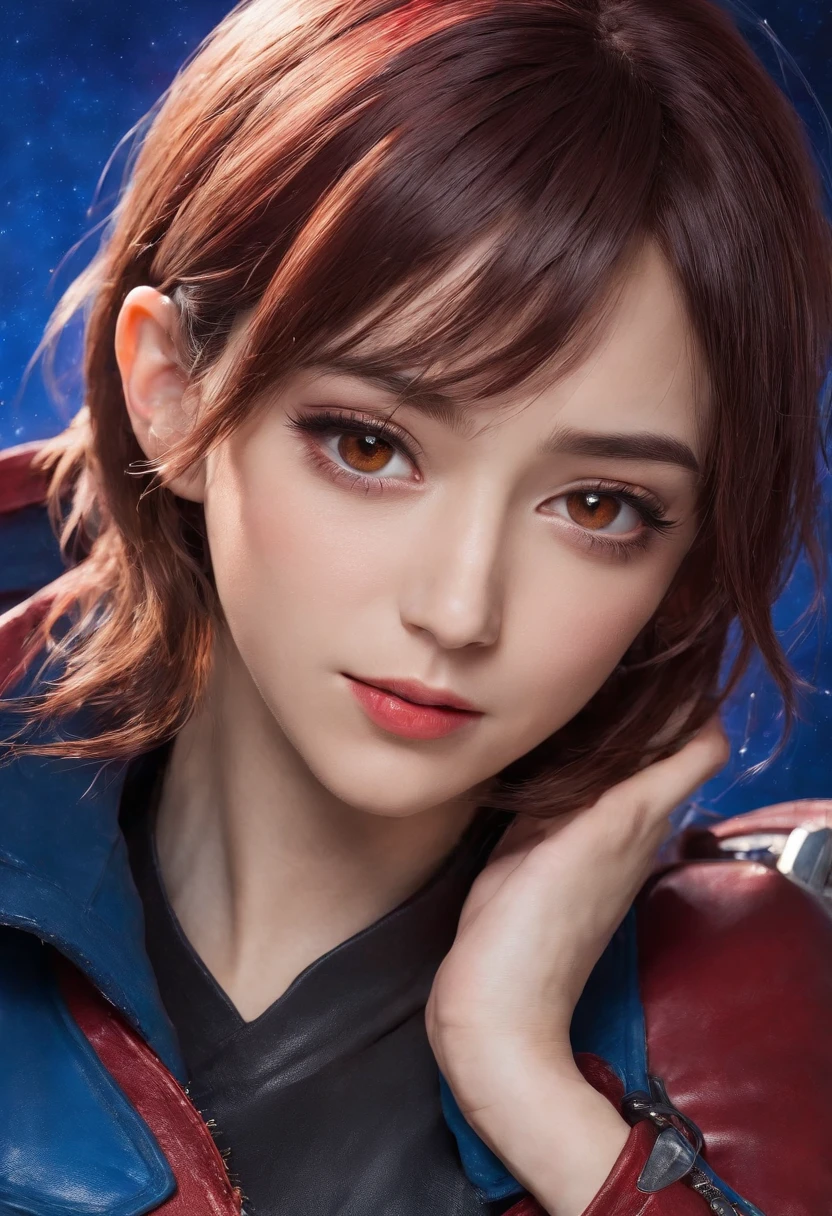 (highres, best quality:1.2), 1girl, radiance,  upper body, Haruhi Suzumiya as Starlord, guardians of the Galaxy, red leather coat,  suzumiya haruhi, solo, brown hair, short hair, brown eyes,  hairband, medium hair, ribbon, mischievous grin, cowboy shot, ((photo)), 8k, japanese teenage girl, red comet on a blue background