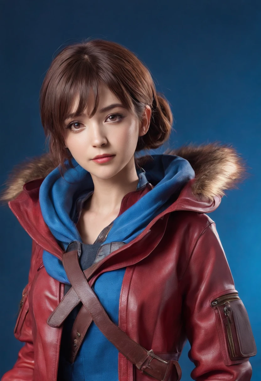 (highres, best quality:1.2), 1girl, radiance,  upper body, Haruhi Suzumiya as Starlord, guardians of the Galaxy, red leather coat,  suzumiya haruhi, solo, brown hair, short hair, brown eyes,  hairband, medium hair, ribbon, mischievous grin, cowboy shot, ((photo)), 8k, japanese teenage girl, red comet on a blue background