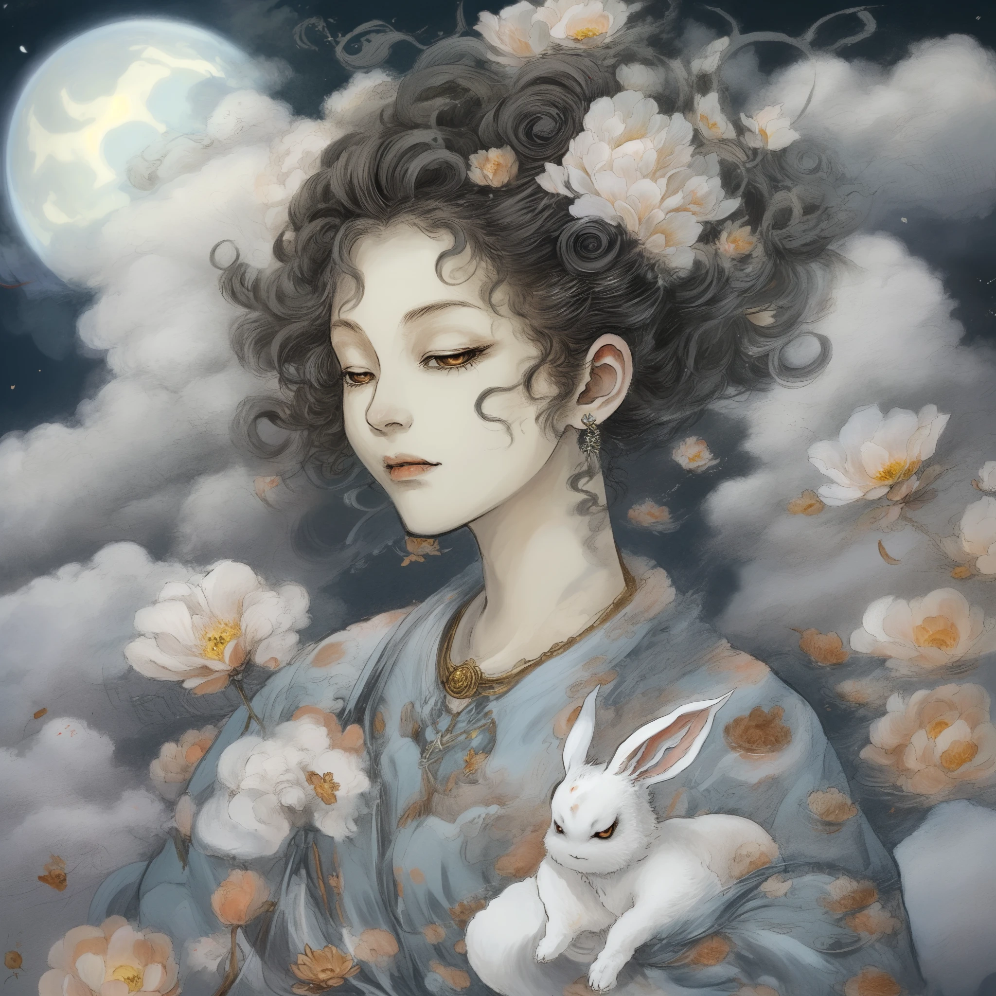 Yamazawa， themoon， Clouds， Skysky， Smart rabbit，painting of a（curly）， natta， jewely， Traditional media，  fresh flowers，
high high quality，