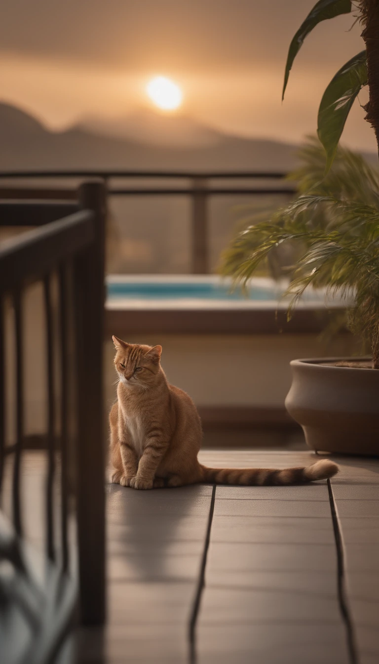 Create a stunning image of a chubby and happy cat sitting gracefully on a rooftop against a backdrop of swaying palm trees. #Cat on the roof #palm tree #Artistic photography, sunset, Thatched cottage. High-quality and contrasting photos, unreal engine 5, Wide angle of view, Depth of field, Hyper-detail skins, Color Correction, Crazy details, Color Correction, hyperrealism, Lifelike (Highest Quality, Masterpiece, 4k, The ultra-detailliert, edgy) focusing, 8K , High definition, It's incredibly detailed and complex.: 1.2) High-quality and contrasting photos, unreal engine 5, wide vision, Depth of field, Super delicate skin, Color Correction, Crazy details, Color Correction, hyperrealism, Real Live (Highest Quality, Masterpiece, 4k, Extremely detailed, Sharpen focus, 8K, High definition, incredibly detailed, Complex: 1.2)