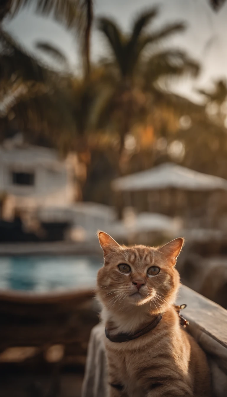 Create a stunning image of a chubby and happy cat sitting gracefully on a rooftop against a backdrop of swaying palm trees. #Cat on the roof #palm tree #Artistic photography, sunset, Thatched cottage. High-quality and contrasting photos, unreal engine 5, Wide angle of view, Depth of field, Hyper-detail skins, Color Correction, Crazy details, Color Correction, hyperrealism, Lifelike (Highest Quality, Masterpiece, 4k, The ultra-detailliert, edgy) focusing, 8K , High definition, It's incredibly detailed and complex.: 1.2) High-quality and contrasting photos, unreal engine 5, wide vision, Depth of field, Super delicate skin, Color Correction, Crazy details, Color Correction, hyperrealism, Real Live (Highest Quality, Masterpiece, 4k, Extremely detailed, Sharpen focus, 8K, High definition, incredibly detailed, Complex: 1.2)