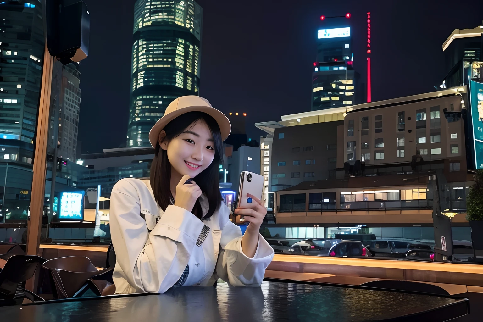 woman sitting at a table with a cup of coffee and a cell phone, 8k selfie photograph, she is holding a smartphone, f / 1. 9 6. 8 1 mm ISO 4 0, smartphone photo, checking her phone, selfie of a young woman, smartphone photography, Chinese girl, A young Asian woman, mid shot portrait, Single portrait, shot on leica sl2