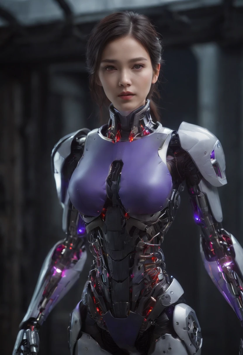 Top Quality, Masterpiece, Ultra High Resolution, (Photorealistic: 1.4), Raw Photo, 1 Girl, Black Hair, Glossy Skin, 1 Mechanical Girl, (Ultra Realistic Detail)), Portrait, Global Illumination, Shadows, Octane Rendering, 8K, Ultra Sharp, Big, Cleavage Exposed Raw Skin, Metal, Intricate Ornament Details, Japan Details, Very intricate details, realistic light, CGSoation trend, purple eyes, glowing eyes, facing the camera, neon details, mechanical limbs, blood vessels connected to the tube, mechanical vertebrae attached to the back, mechanical cervical attachment to the neck, sitting, wires and cables connecting to the head, gundam, small LED lamps,