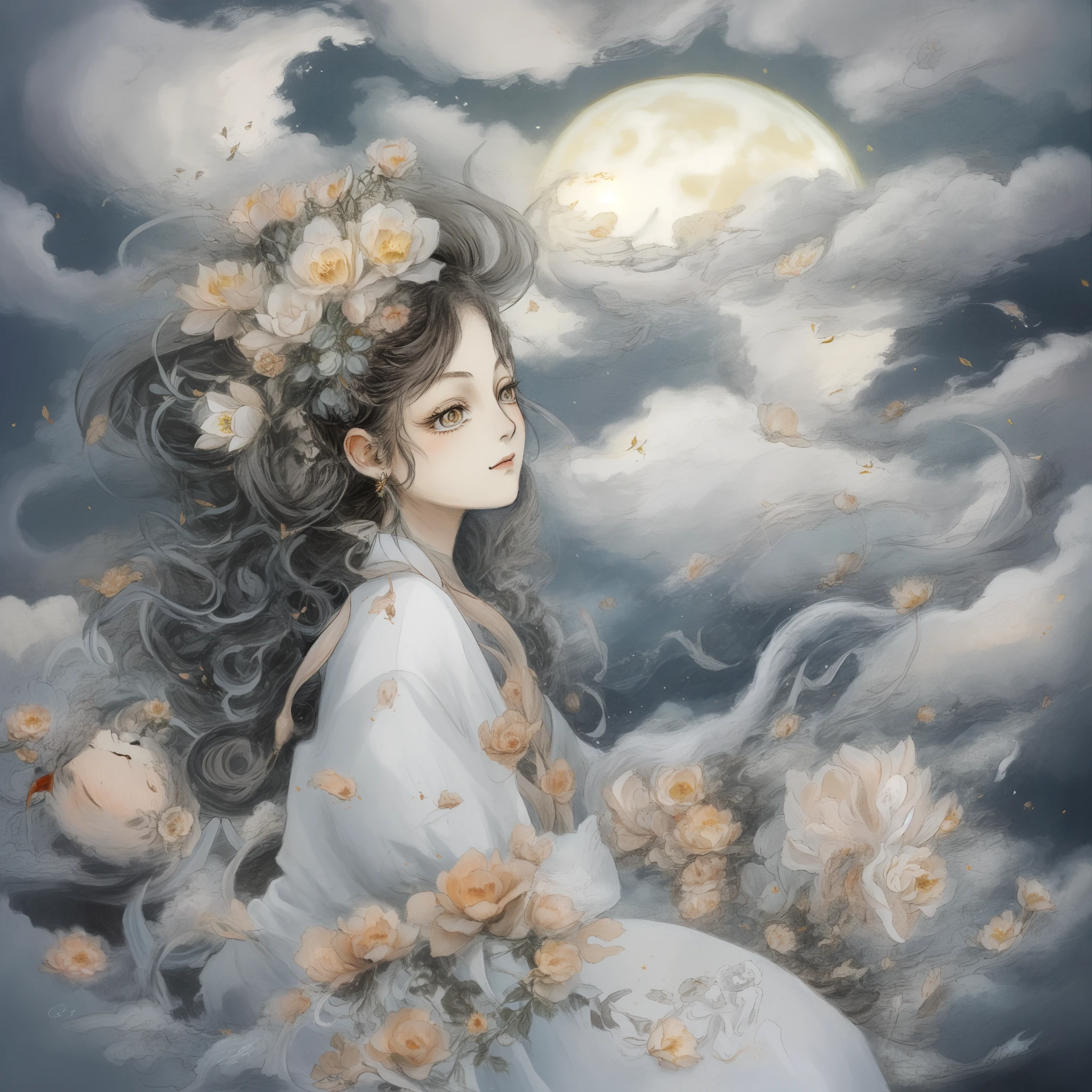 Yamazawa， themoon， Clouds， Skysky， Smart rabbit，painting of a（curly）， natta， jewely， Traditional media，  fresh flowers，
high high quality，