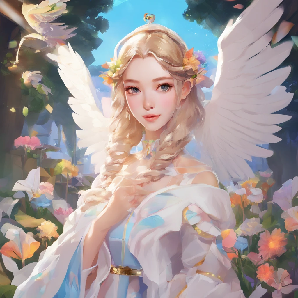 From the neck up are chickens、Angel with a chicken head、((Angel with a chicken head))、Sexy costume、A sexy、Moisturized, Glowing skin、bule、Always with angels、Inner peace、safety、Blissful、brilliance、optic、Fantastical、florals、rainbows、kirakira、ssmile、feather、Heaven、celestial realm、medieval times (Best Quality,4K,hight resolution:1.2),Ultra-detailed,Realistic:1.37,Angel with a chicken head,White girl always with angel,peaceful,safe,Happy,brilliance,light,Fantastic,Flowers,rainbow,spark of light,Smile,Feathers,Heaven,paradise,Medieval、open-shirt、bra very、undergarment