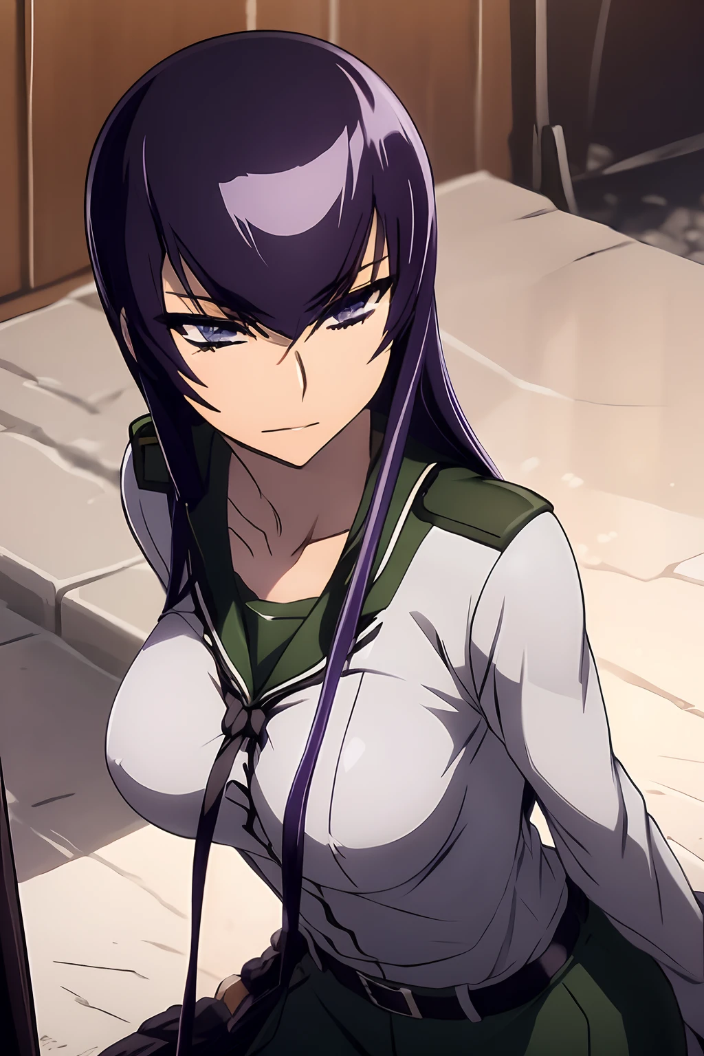 Saeko Busujima vestida con un uniforme militar negro, general, abrigo negro, saludo de soldado, militar, mirando al espectador, uniforme militar, uniforme aleman, gorra militar, katana