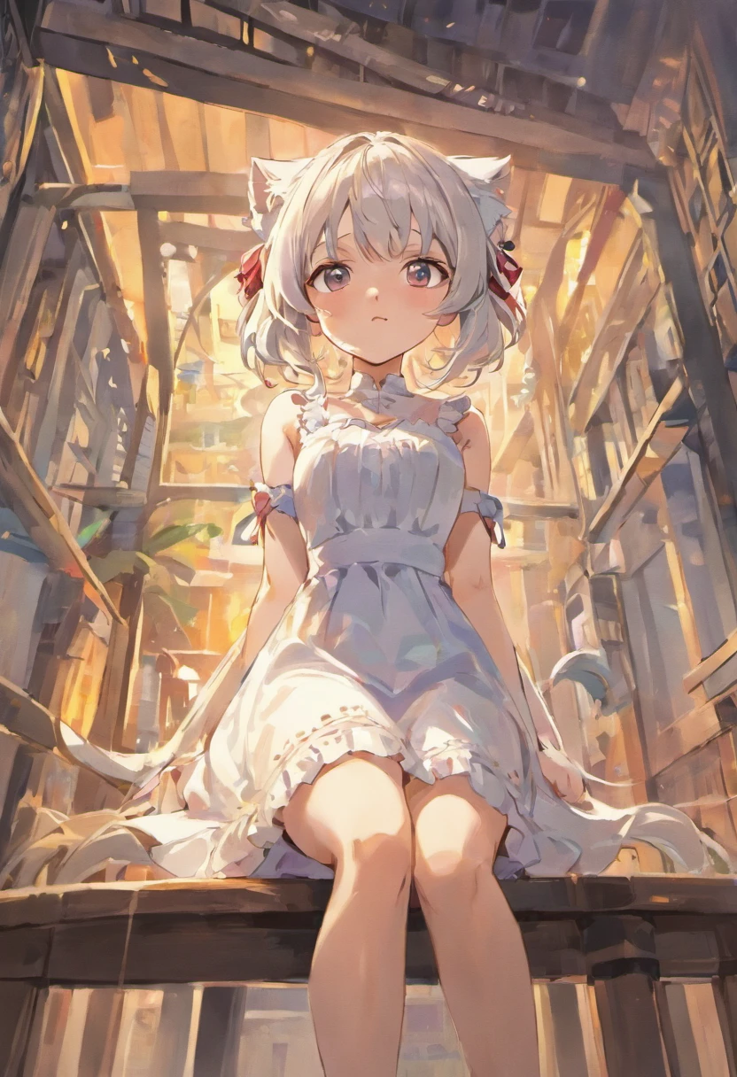 Anime girl sitting on bench，There are cat ears on the head, white dresses!! silber hair, cute anime waifu in a nice dress,, White-haired god, gray-haired girl, Perfect girl with white hair, Güvez on Pisif Art Station, whaite hair, Flowing white hair