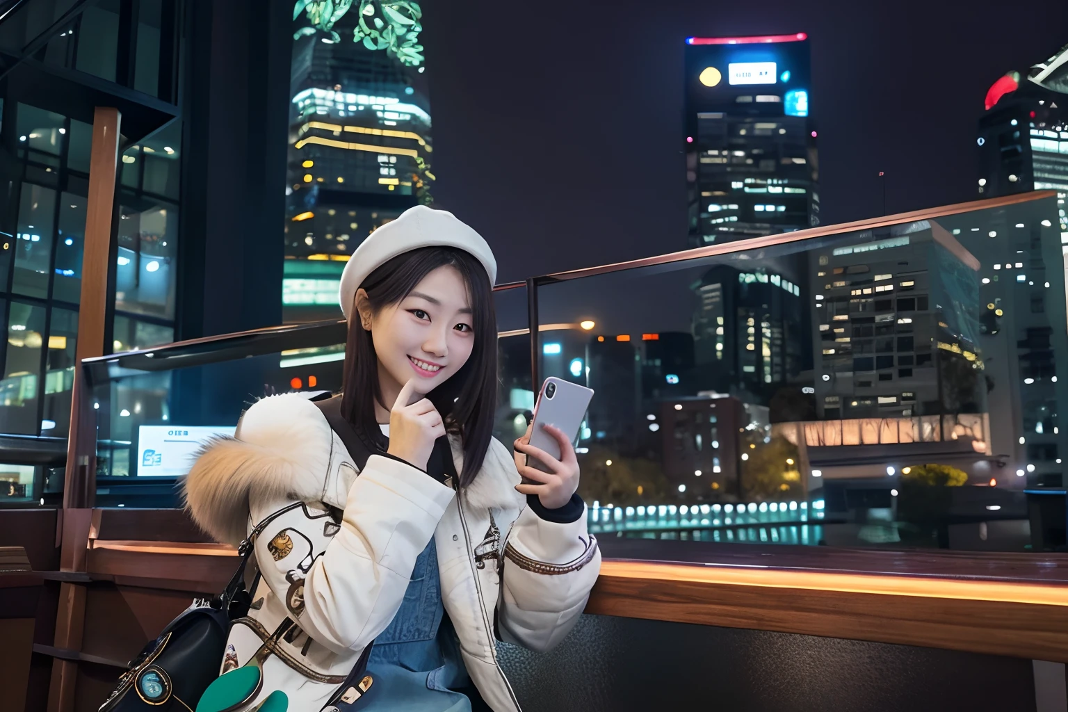 woman sitting at a table with a cup of coffee and a cell phone, 8k selfie photograph, she is holding a smartphone, f / 1. 9 6. 8 1 mm ISO 4 0, smartphone photo, checking her phone, selfie of a young woman, smartphone photography, Chinese girl, A young Asian woman, mid shot portrait, Single portrait, shot on leica sl2
