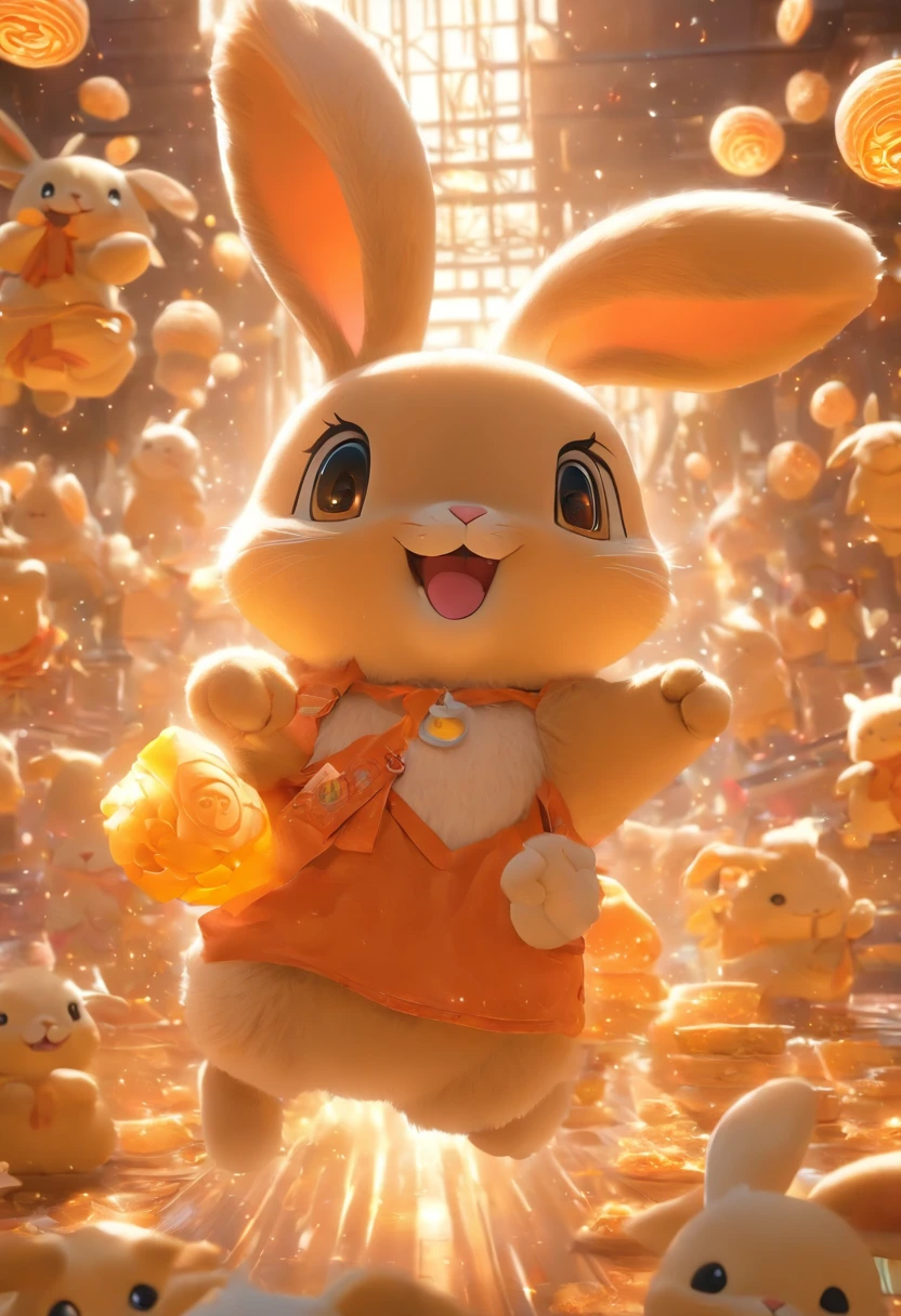 Q version of the rabbit,Cute and cute,Moon cake,laurel,themoon,The light is depicted in detail,orange tint,oc rendered,high qulity,tmasterpiece,Hyper-realistic,Ultra photo realsisim,8K,super-fine,ultra - detailed,Ultra-wide angle of view,dynamic viewing angle