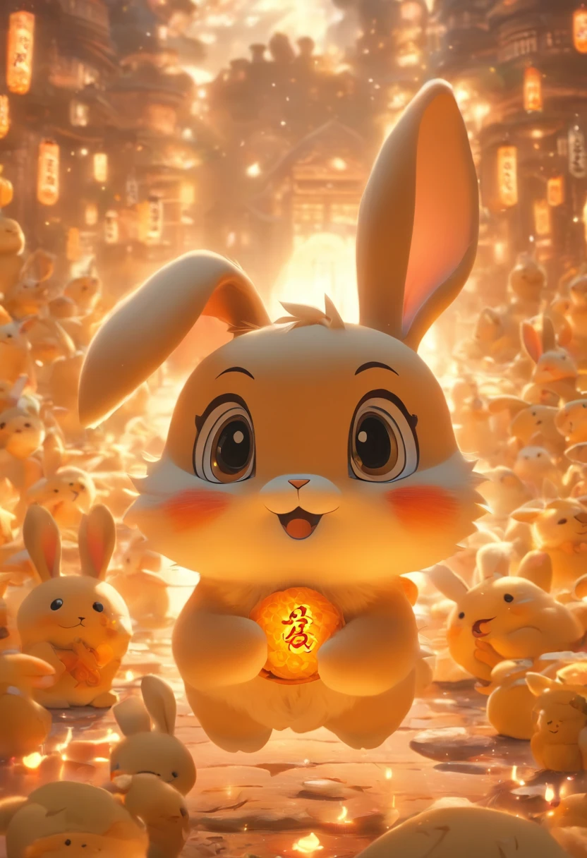 Q version of the rabbit,Cute and cute,Moon cake,laurel,themoon,The light is depicted in detail,orange tint,oc rendered,high qulity,tmasterpiece,Hyper-realistic,Ultra photo realsisim,8K,super-fine,ultra - detailed,Ultra-wide angle of view,dynamic viewing angle