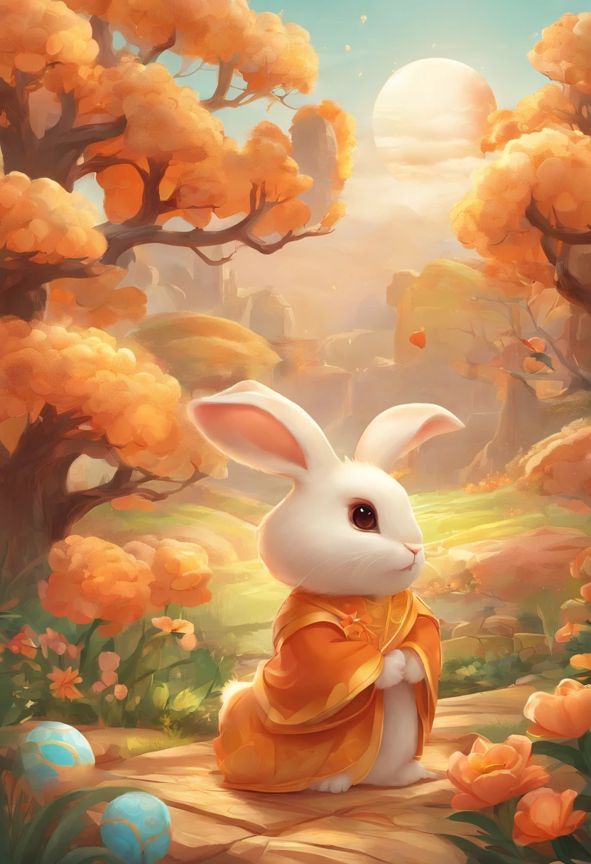 Q version of the rabbit，Cute and cute，Moon cake，laurel，themoon，The light is depicted in detail，orange tint，oc rendered，high qulity，tmasterpiece，Hyper-realistic，Ultra photo realsisim，8K，super-fine，ultra - detailed，Ultra-wide angle of view，dynamic viewing angle