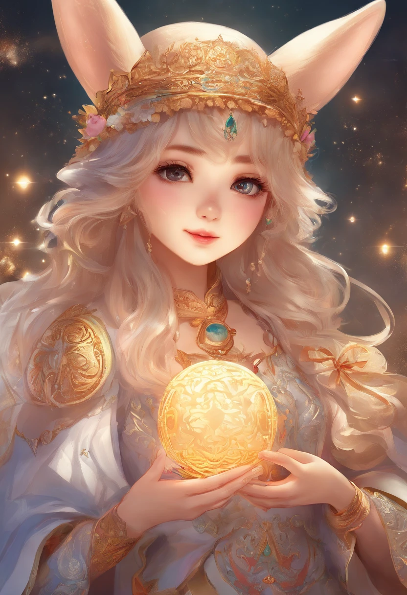 Q version of the rabbit,Cute and cute,Moon cake,laurel,themoon,The light is depicted in detail,orange tint,oc rendered,high qulity,tmasterpiece,Hyper-realistic,Ultra photo realsisim,8K,super-fine,ultra - detailed,Ultra-wide angle of view,dynamic viewing angle