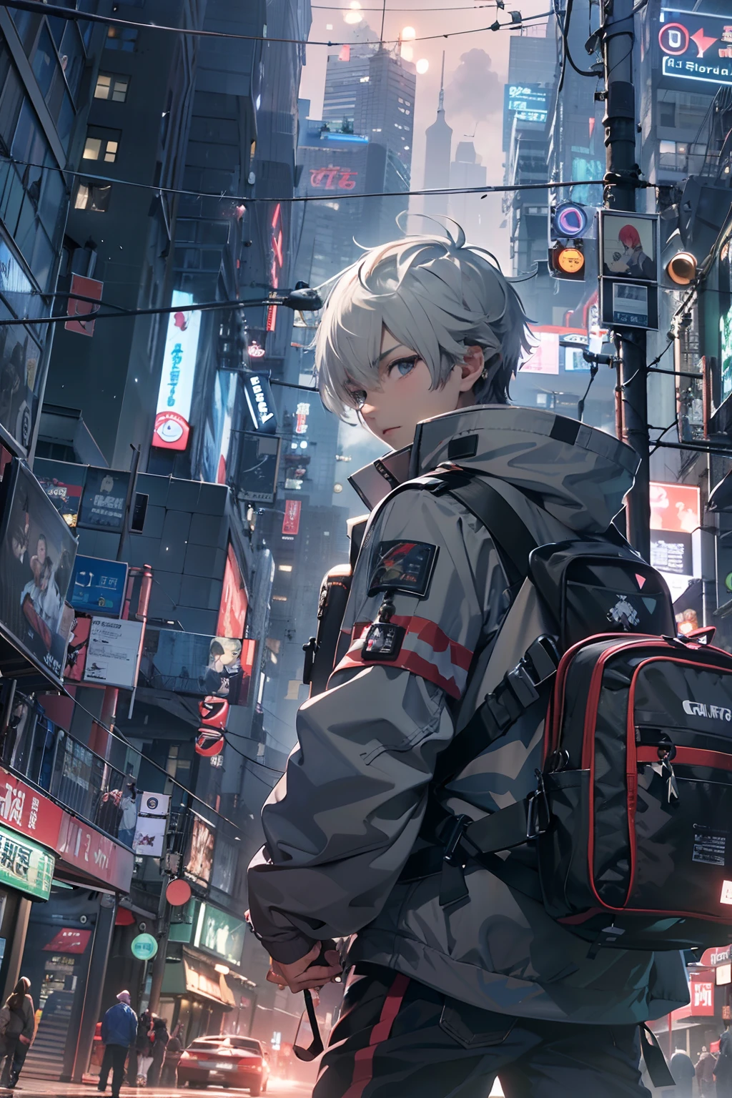 1boy,(15 years old boy:1.5)、Anime-style protagonist、Cyberpunk Boy、silber hair、Spiky hairstyle、machine gun、Japan sword on the back、Whole body bloody、Shot from the knee up、The beginning of the adventure、Lots of clouds,heavy fog、Big Moon、Lightning、Chaotic city of the future、dystopian、A group of very tall skyscrapers stands in the center、Very complex cityscape,Crowded Chinese skyscrapers、Tall radio tower、Trees、street signs、streetlights、taxis、buses、Train、Warm lighting,Dark road、puddles、Chaotic、Beautiful and fantastic scenery、Cinematic scenery、hightquality、masutepiece,in 8K、hight resolution、