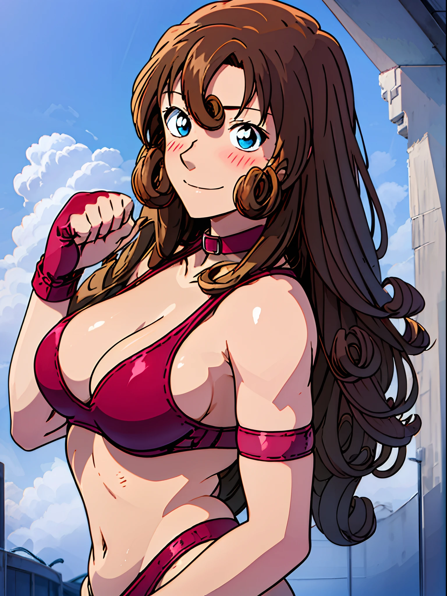 front view, cowboy shot, ultra detailed face, best quality, anime style, hires, highest definition, digital blending, bold drawing lines, ((weak body, female wrestler), (slender body), mature woman, milf, (wrestling gear, collar band), victorious, gorgeous, winner, not blushing, confident face, smile, (closed mouth), (pale skin, shiny skin, lighting and shadow), (cleavage), (clean face), (warming up), closed fists, (brown, curly hair, long hair, curly bangs), 37 years old,