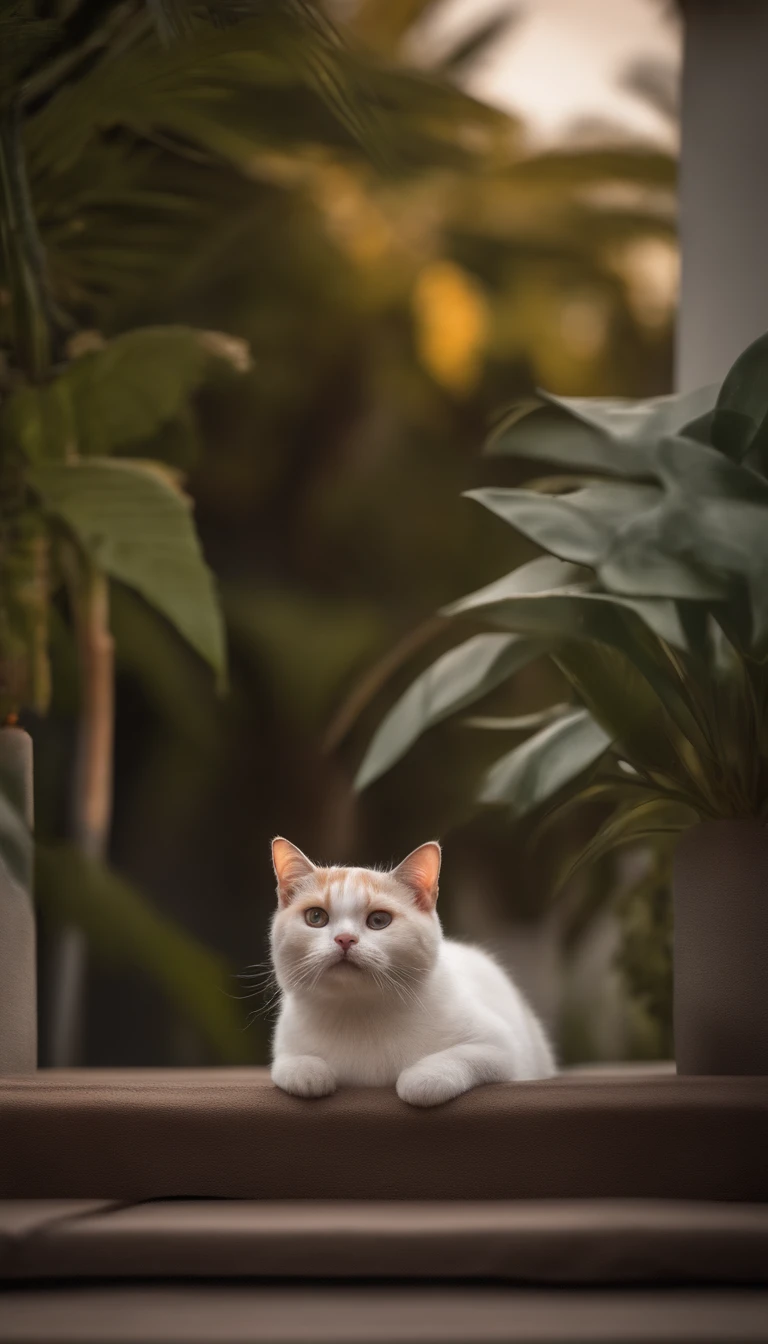 Create a stunning image of a chubby and happy cat sitting gracefully on a rooftop against a backdrop of swaying palm trees. #Cat on the roof #palm tree #Artistic photography, sunset, Thatched cottage. High-quality and contrasting photos, unreal engine 5, Wide angle of view, Depth of field, Hyper-detail skins, Color Correction, Crazy details, Color Correction, hyperrealism, Lifelike (Highest Quality, Masterpiece, 4k, The ultra-detailliert, edgy) focusing, 8K , High definition, It's incredibly detailed and complex.: 1.2) High-quality and contrasting photos, unreal engine 5, wide vision, Depth of field, Super delicate skin, Color Correction, Crazy details, Color Correction, hyperrealism, Real Live (Highest Quality, Masterpiece, 4k, Extremely detailed, Sharpen focus, 8K, High definition, incredibly detailed, Complex: 1.2)