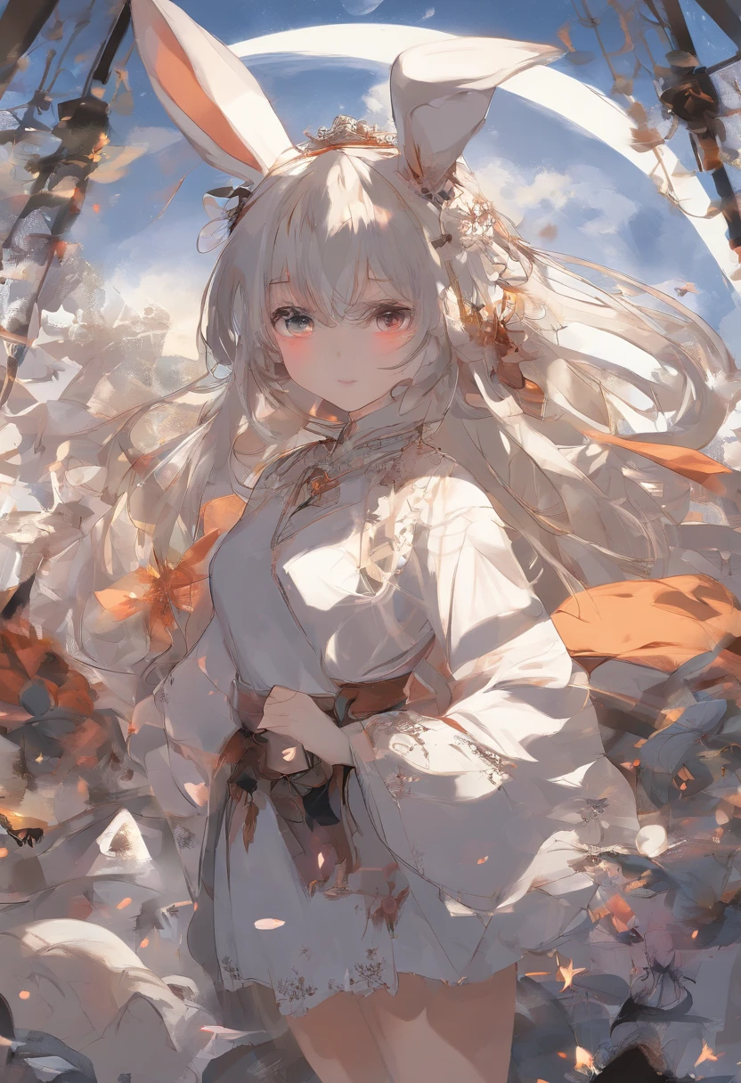 Q version of the rabbit,Cute and cute,Moon cake,laurel,themoon,The light is depicted in detail,orange tint,oc rendered,high qulity,tmasterpiece,Hyper-realistic,Ultra photo realsisim,8K,super-fine,ultra - detailed,Ultra-wide angle of view,dynamic viewing angle