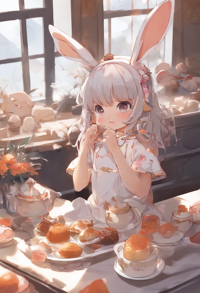 Q version of the rabbit,Cute and cute,Moon cake,laurel,themoon,The light is depicted in detail,orange tint,oc rendered,high qulity,tmasterpiece,Hyper-realistic,Ultra photo realsisim,8K,super-fine,ultra - detailed,Ultra-wide angle of view,dynamic viewing angle