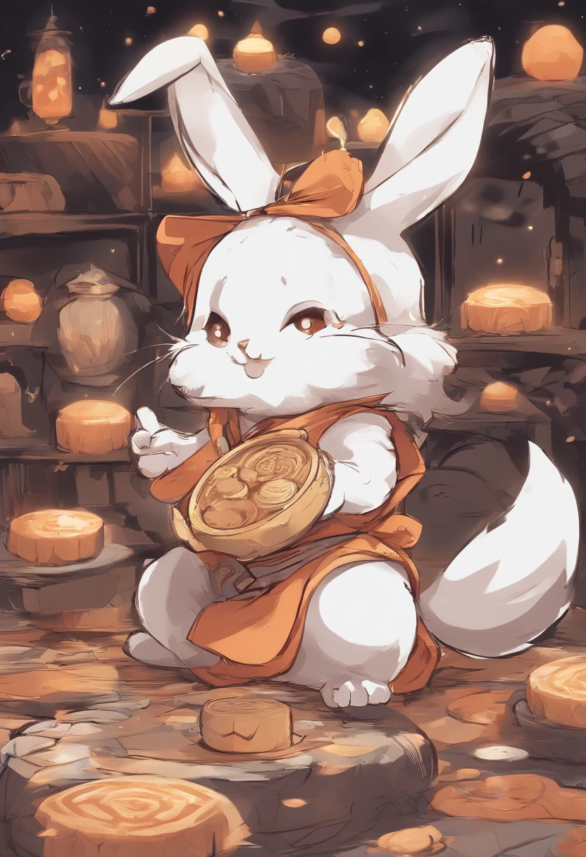 Q version of the rabbit,Cute and cute,Moon cake,laurel,themoon,The light is depicted in detail,orange tint,oc rendered,high qulity,tmasterpiece,Hyper-realistic,Ultra photo realsisim,8K,super-fine,ultra - detailed,Ultra-wide angle of view,dynamic viewing angle