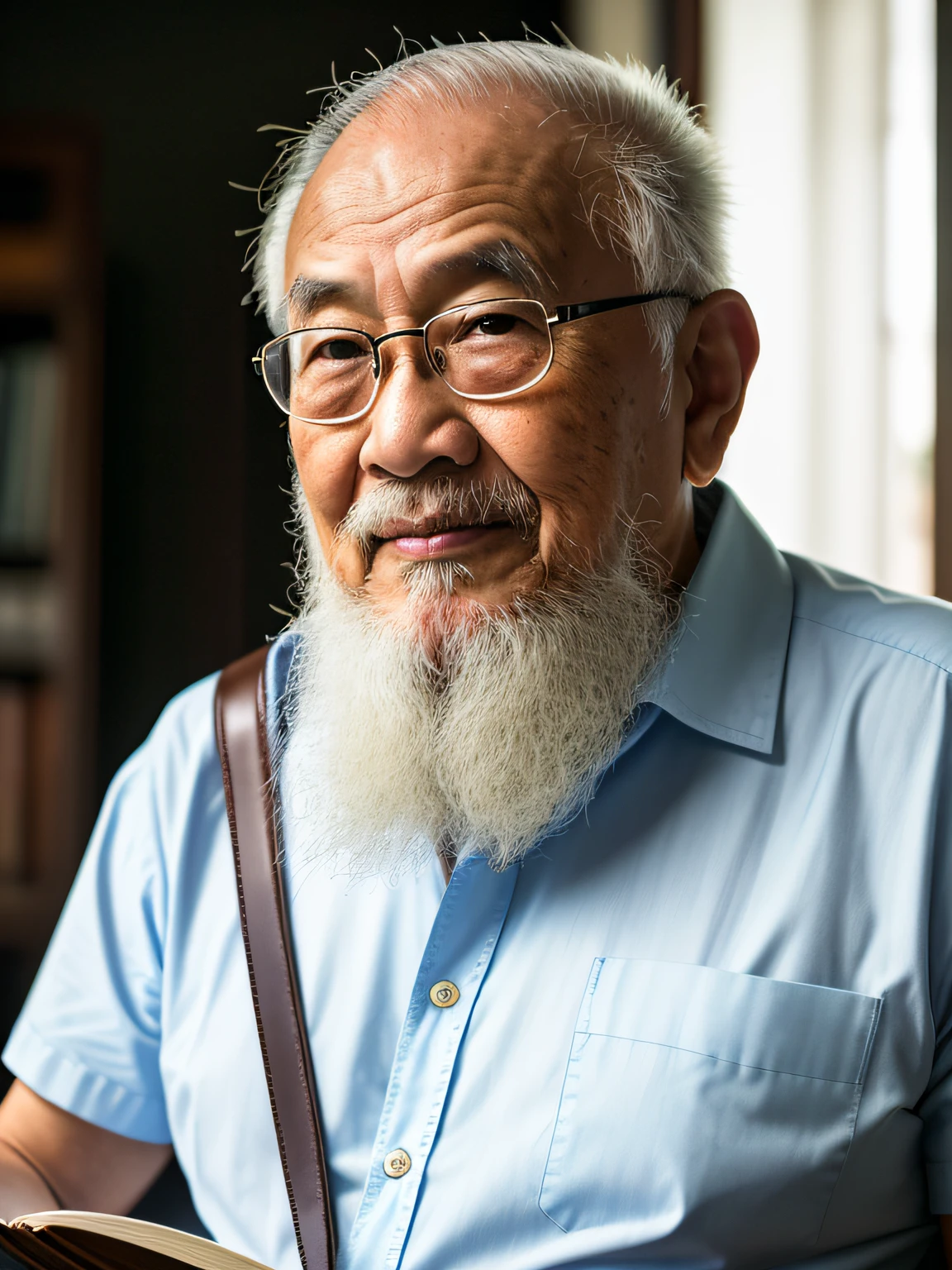 Hyper-Resolution, Ultra photo realsisim, cinema shot, An 80-year-old Asian father,Look at the viewer,Elderly father,Books in hand,Spiritual old man,Single image, Short white hair,White Viking beard, Wide shoulders, High focal length, Bust photo,Faraway view,Digital SLR, Dark Studio, rim lit, twotonelighting, Dimly lit, low tune, Backlight,