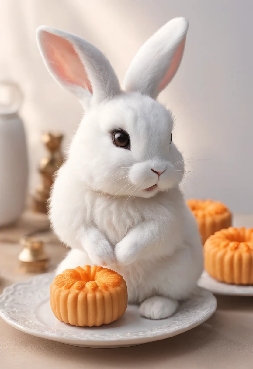 Q version of the rabbit,Cute and cute,Moon cake,laurel,themoon,The light is depicted in detail,orange tint,oc rendered,high qulity,tmasterpiece,Hyper-realistic,Ultra photo realsisim,8K,super-fine,ultra - detailed,Ultra-wide angle of view,dynamic viewing angle