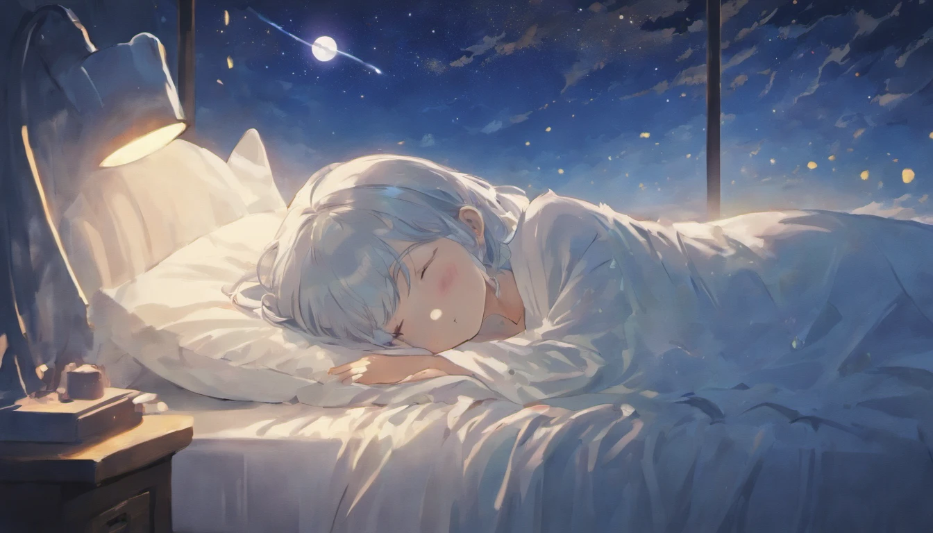 Anime girl sleeping in bed with pillow and pillowcase, Animated illustrations inspired by Ma Yuanyu, pixiv, serial art, nightcore, ☁🌪🌙👩🏾, pixiv style, PIXIV Daily Ranking, sleep, Dreaming Night, Upbeat Midnight Theme, lofi girl, trending in CGSTATION, sleepy, Trends in Artstration, Dramatic and dreamy lighting, Dreamlike lighting, Dream of invading an ordinary space, Dreamy softness, The land floating in the clouds, heaven, dreamlike atmosphere,, ' Eyes closed , ,(((illustrations))),Embryo,Sleep comfortably, Sleeping Cute Girl,Photorealistic,Moonlight shines,