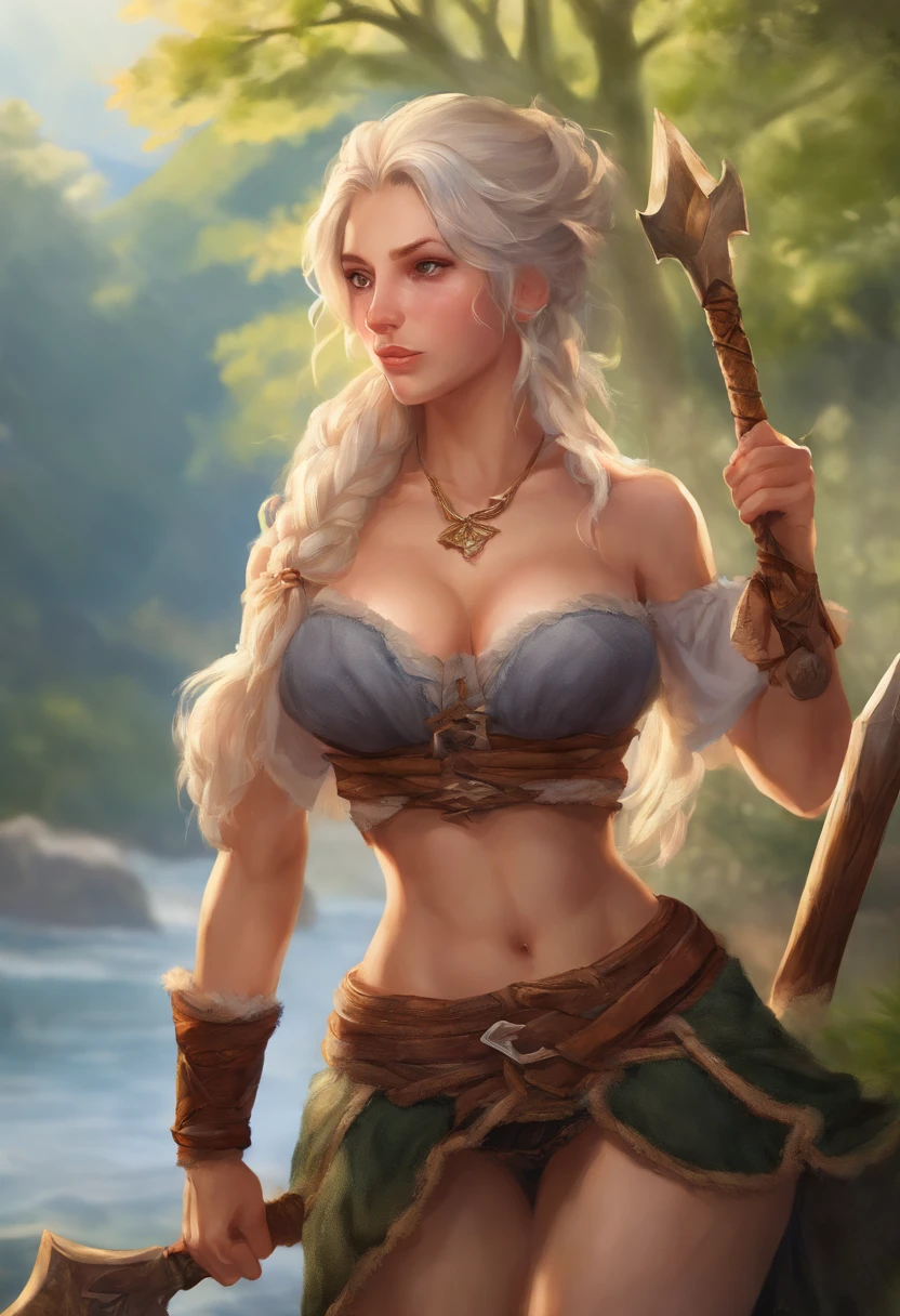 ultra detail, high resolution, ultra detailed, best quality, amazing, top quality, 1woman, pose, dwarf, female dwarf, fantasy, braids, stout, wide body type, large breasts, huge breasts, breasts larger than head, wide hips, short, shortstack, mountain dwarf, pants, boob window, long black hair, braided hair, 5 feet tall, short height, sexy, thick, muscular, breasts, big boobs, large boobs, huge boobs, bigger boobs, axe