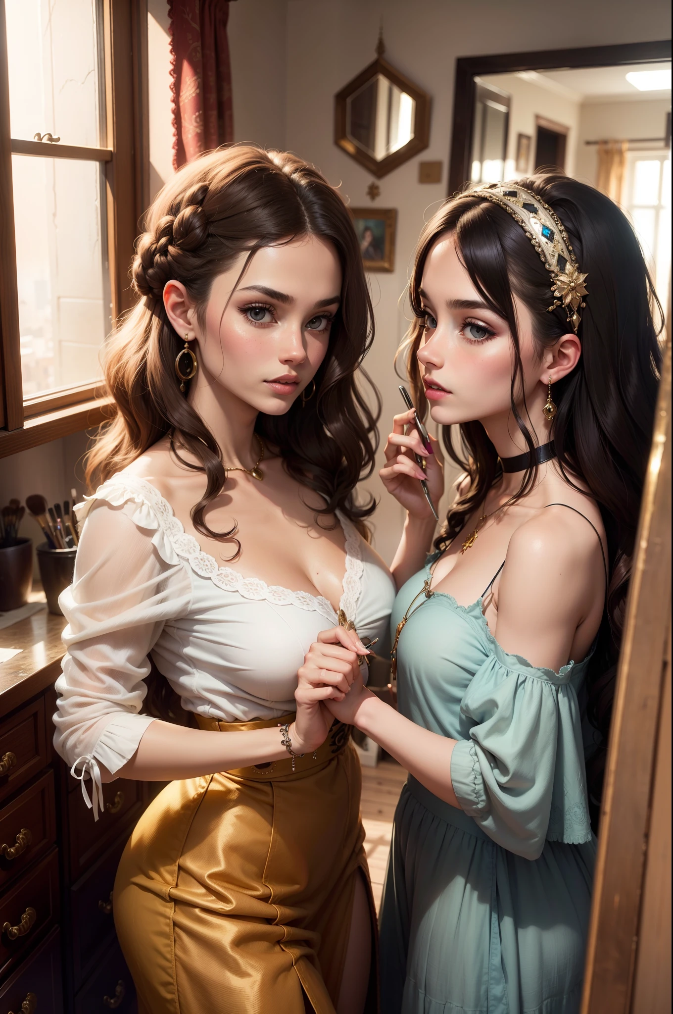 gorgeous two-headed woman, 18th century French satin dress, cleavage, Merveilleuses, RococoStyle, brown eyes, long glamorous hair, sharp focus, lady in waiting, high detail, real hands, perfect lighting, Sacque, Sack Gown, Palace of Versailles background, Napoleonic era, photorealism, (two heads, conjoined_dicephalus), (kissing herself:1.3)