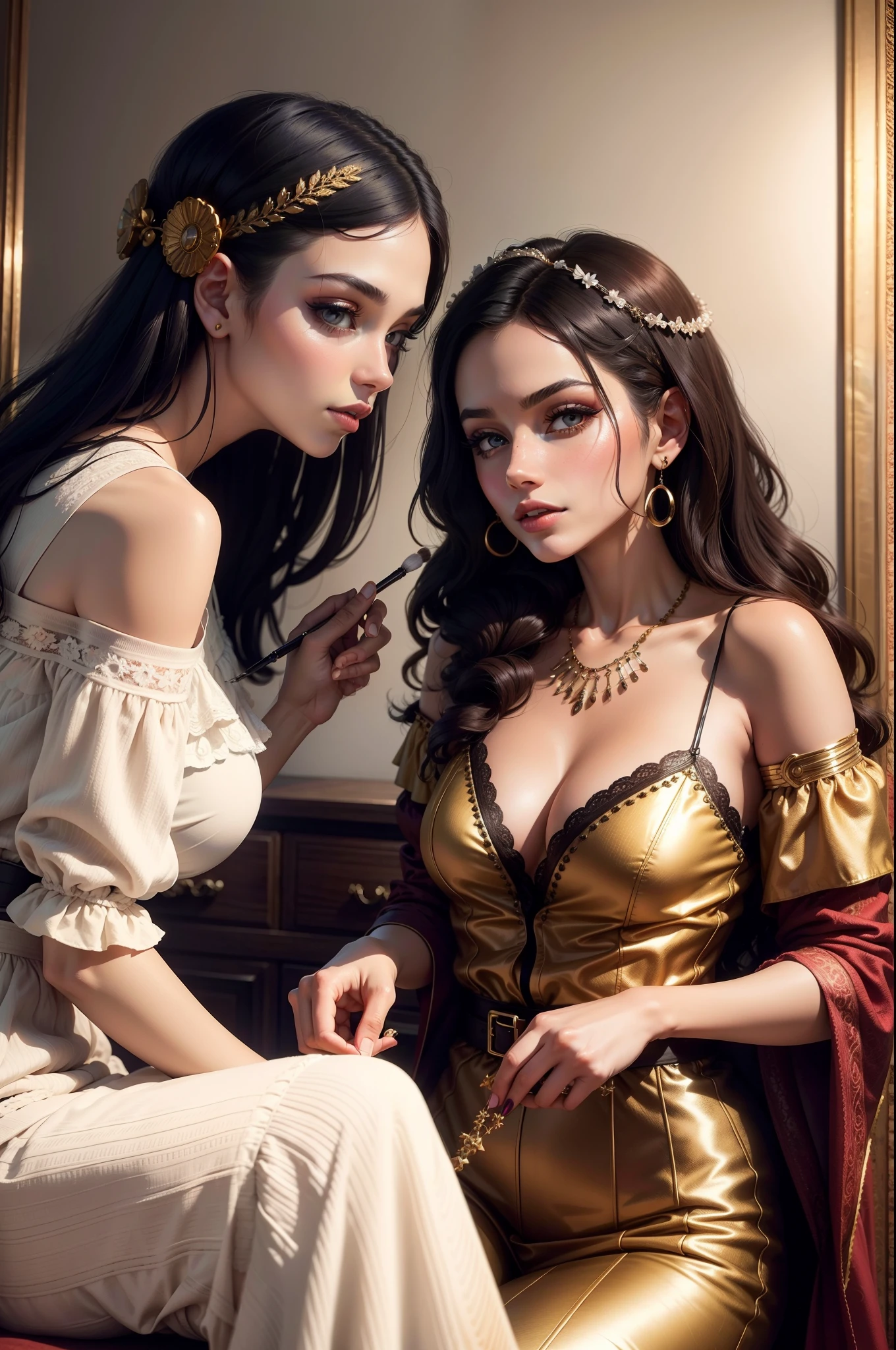 Estillo bohemian style. Beauty helps beautiful sister make up. They were in a room with a stunning vintage style dresser. They are women dressed in a very attractive modern way.. 2023.
