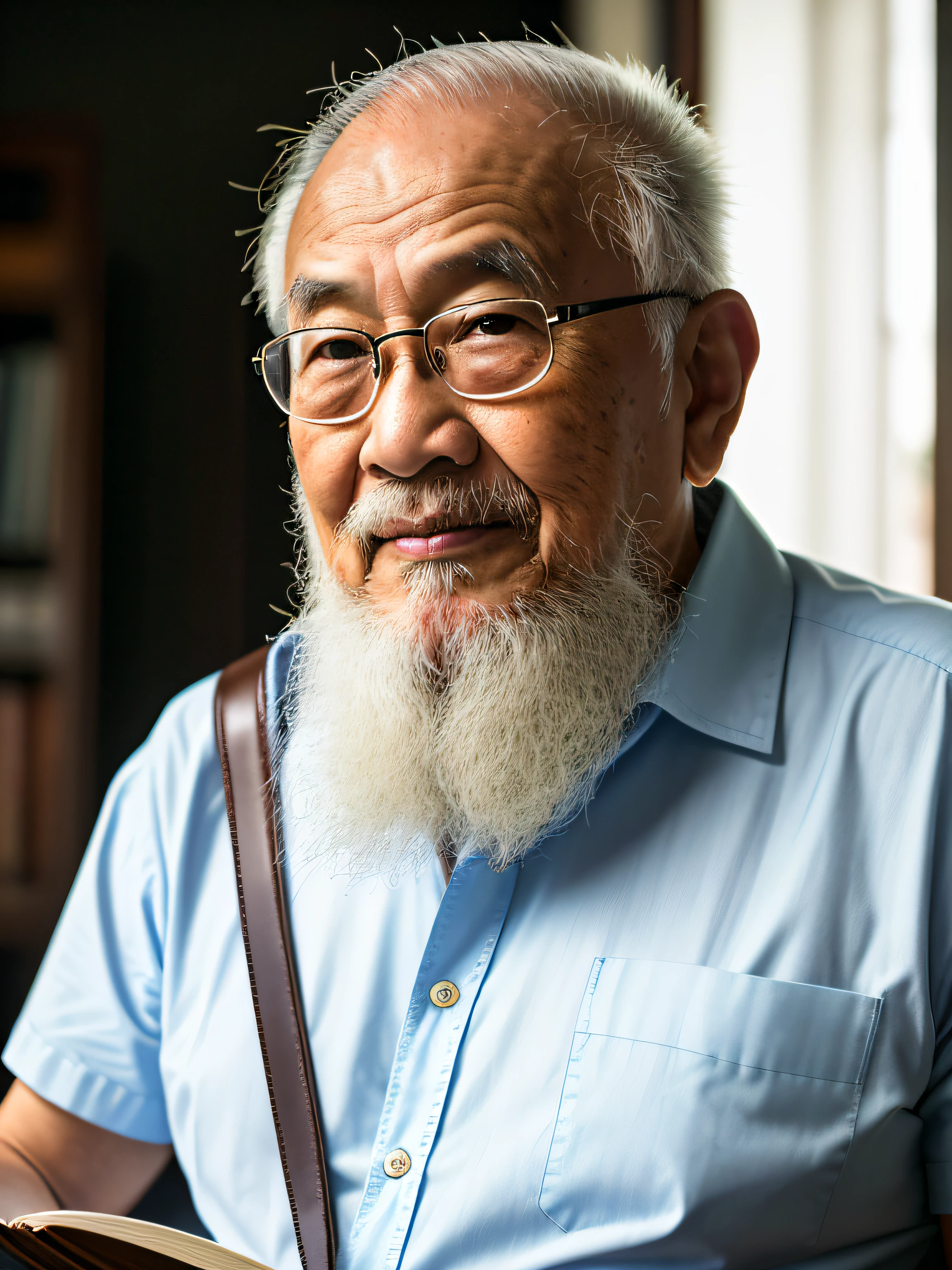 Hyper-Resolution, Ultra photo realsisim, cinema shot, An 80-year-old Asian father,Look at the viewer,Elderly father,Books in hand,Spiritual old man,Single image, Short white hair,White Viking beard, Wide shoulders, High focal length, Bust photo,Faraway view,Digital SLR, Dark Studio, rim lit, twotonelighting, Dimly lit, low tune, Backlight,