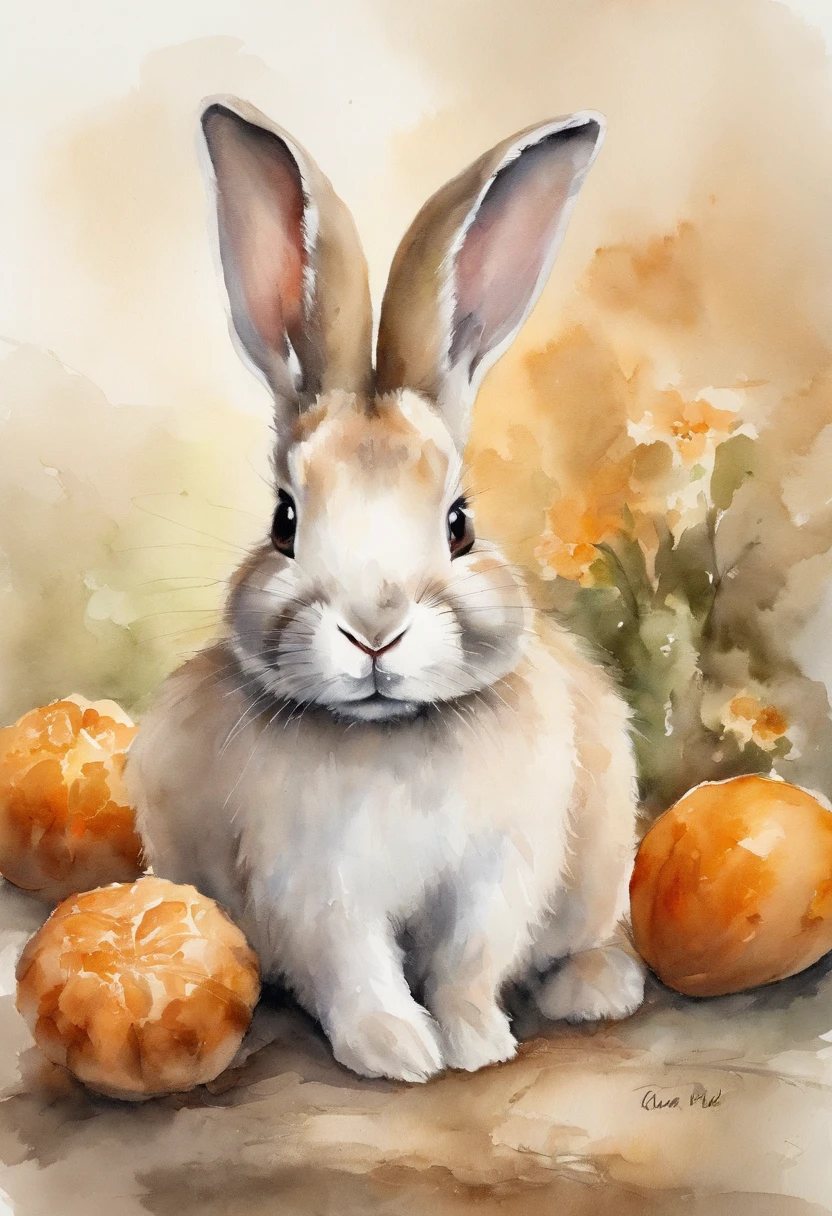 Q version of the rabbit，Cute and cute，Moon cake，laurel，themoon，The light is depicted in detail，orange tint，oc rendered，high qulity，tmasterpiece，Hyper-realistic，Ultra photo realsisim，8K，super-fine，ultra - detailed，Ultra-wide angle of view，dynamic viewing angle