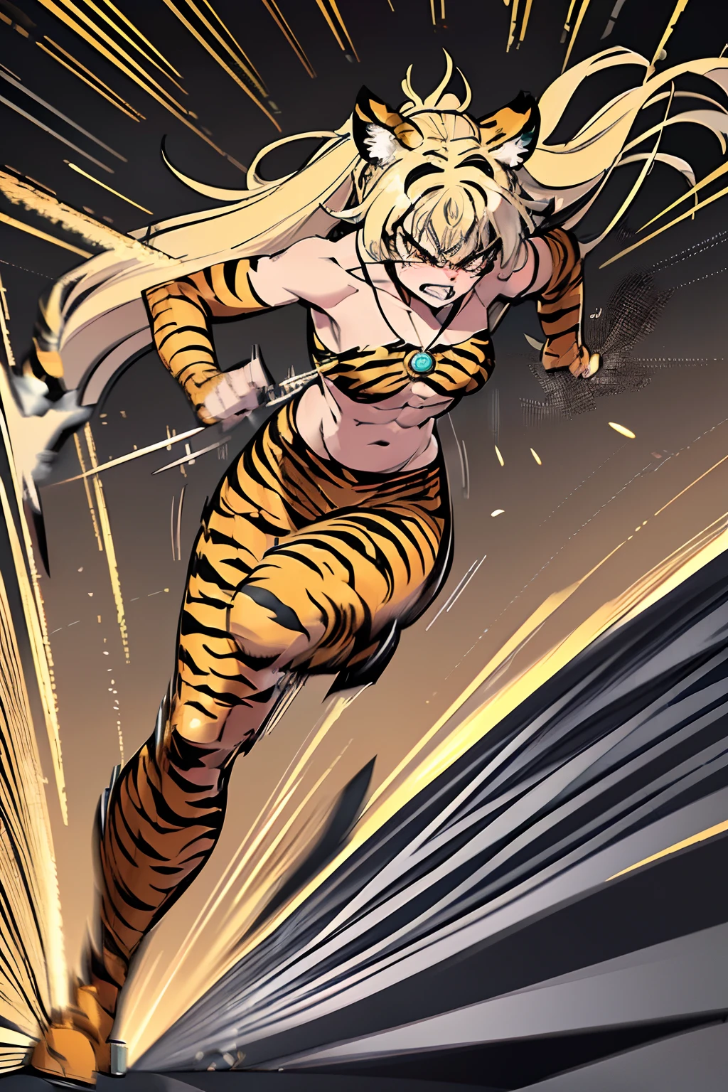 20yo 1girl, solo, (angry:1.2), small chest, (muscular:1.2), (blonde long hair, tiger print bang:1.2), (tiger ears, locket necklace, triangle locket:1.2), (tiger print long pant, tiger print elbow gloves, black knee boot:1.2) full body, (attacking, running:1.2), perfect anatomy, perfect design, (motion lines, motion blur:1.5)