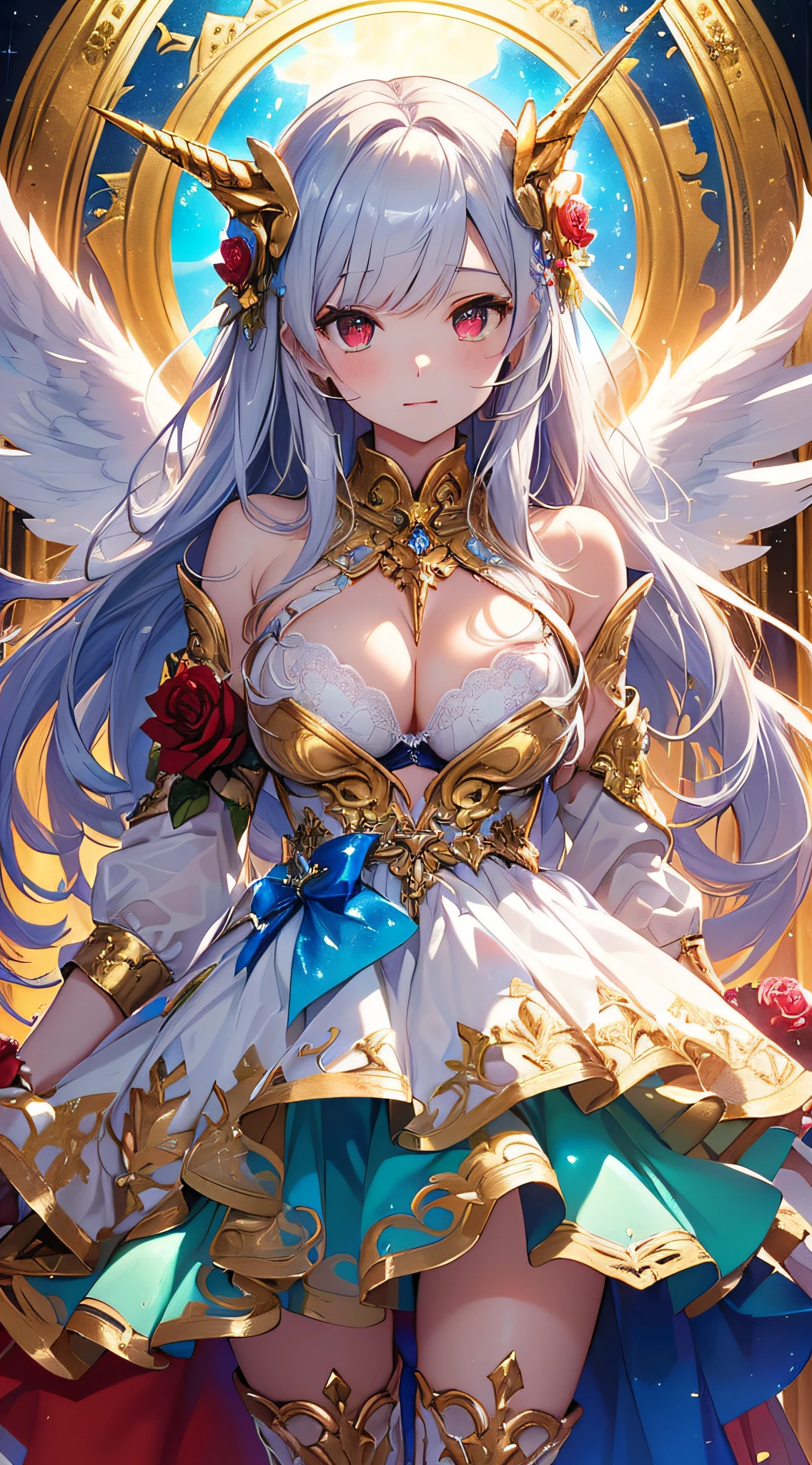 top-quality、Top image quality、masterpiece、girl with((18year old、bright clothes、White bra、white dres、Gold Skirt、 Best Bust、Bust 90、Long silver hair、Red Eyes、open chest wide、Valley、Happiness、A slender、Angelic face、Aura of Light、Wings of the Universe、Angel Boots、GOLD accessory、White rose hair fastening))hiquality、Beautiful Art、Background with((crystal clear skies、Golden light pours down、Blue Thunder、Many Angels、Shining House、unicorn、Heavenly Light))、masutepiece、Elaborate design、visualart、