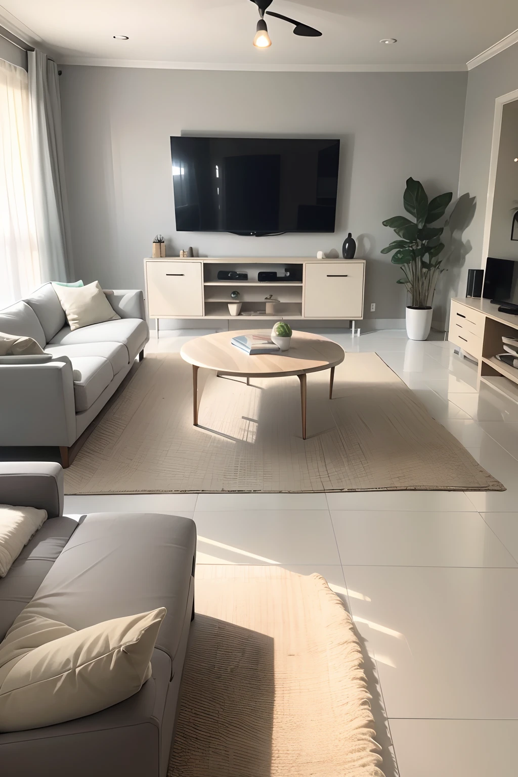 Creamy living room with light gray tiles, oversized TV with a solid wood dining table