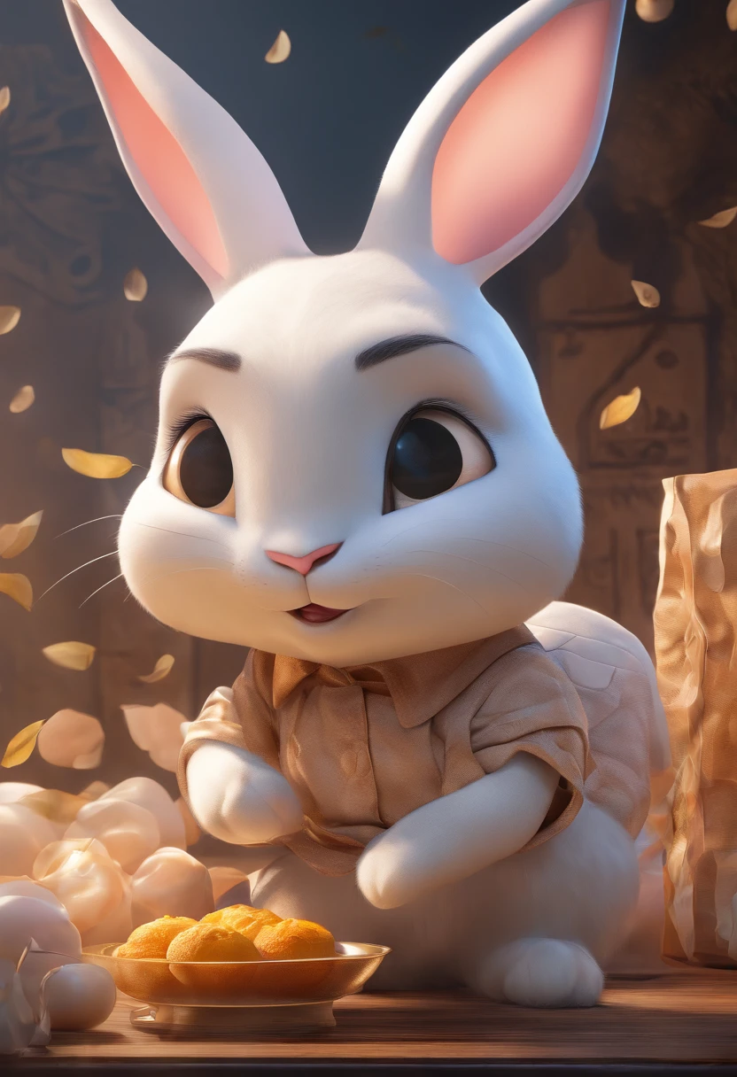 Q version of the rabbit，Cute and cute，Moon cake，laurel，themoon，The light is depicted in detail，orange tint，oc rendered，high qulity，tmasterpiece，Hyper-realistic，Ultra photo realsisim，8K，super-fine，ultra - detailed，Ultra-wide angle of view，dynamic viewing angle