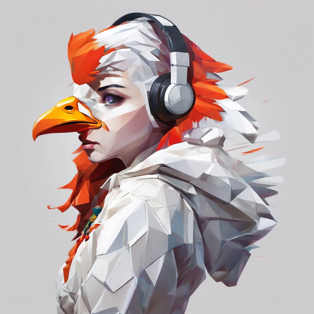 ((Woman with chicken head))、Sexy underwear、Only the head is a chicken human、Perfect centering, Wear a student team jacket, Wearing sunglasses, Wearing headphones, cheerfulness, Standing position, Abstract beauty, Centered, Looking at the camera, Facing the camera, Approaching perfection, Dynamic, Highly detailed, Smooth, Sharp Focus, 8K, hight resolution, Illustration, art by carne griffiths and wadim kashin, White background、total、Full Body Angle、flying though the air