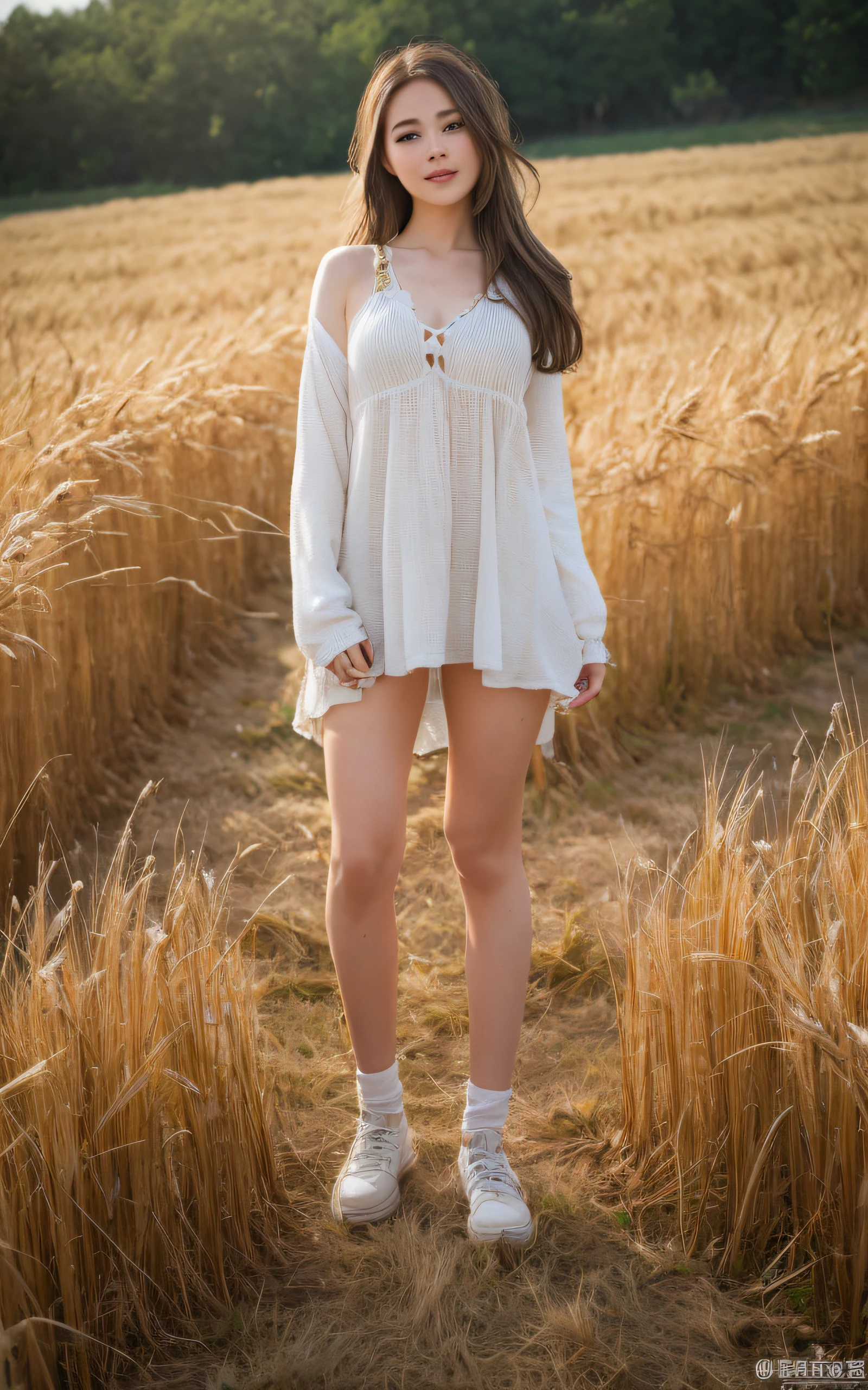 of the highest quality, Realistic, Perfect human body structure, Very detailed, Very delicate and beautiful, Raw photography, Rustic farm with rolling fields of golden wheat, Professional Lighting, Luminescent, depth of fields, Single focal length, ((Full body:1.5)), Smile, Brown hair, small head, Big breasts, Baby face, Beautiful eyes, Real Face, Realistic skin, Detailed eyes, (Fashionable hairstyle: 1.3), hposing Gravure Idol, Clothing appropriate for the location, absurderes、incredibly absurd res、Extremely fine,