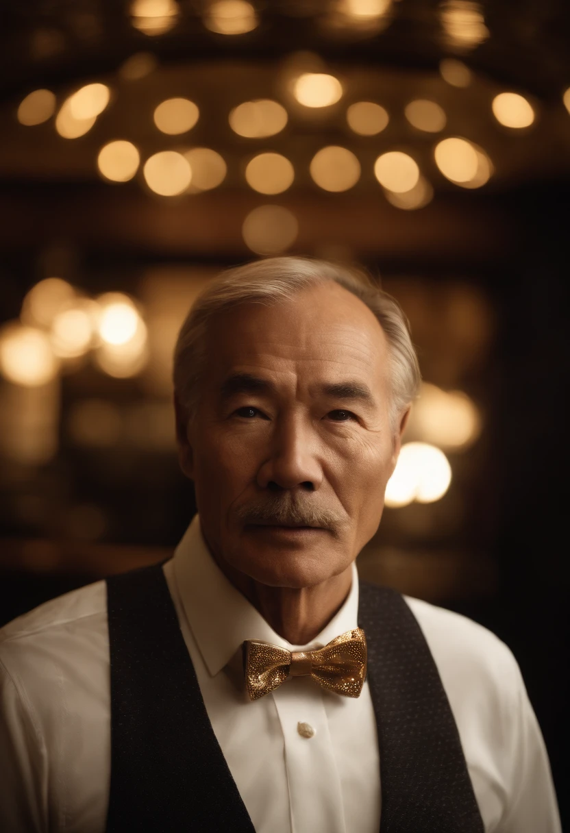 "Portrait of my father," casino, Blonde, Completely golden, golden skin, dealer, Cleanliness, wearing a vest, Wearing long sleeves, Wearing a bow tie, Facing this way, Mouth open, Facing forward,japanes