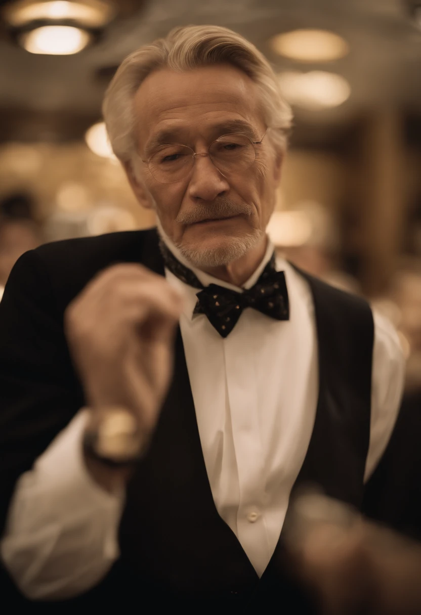 "Portrait of my father," casino, Blonde, Completely golden, golden skin, dealer, Cleanliness, wearing a vest, Wearing long sleeves, Wearing a bow tie, Facing this way, Mouth open, Facing forward,japanes