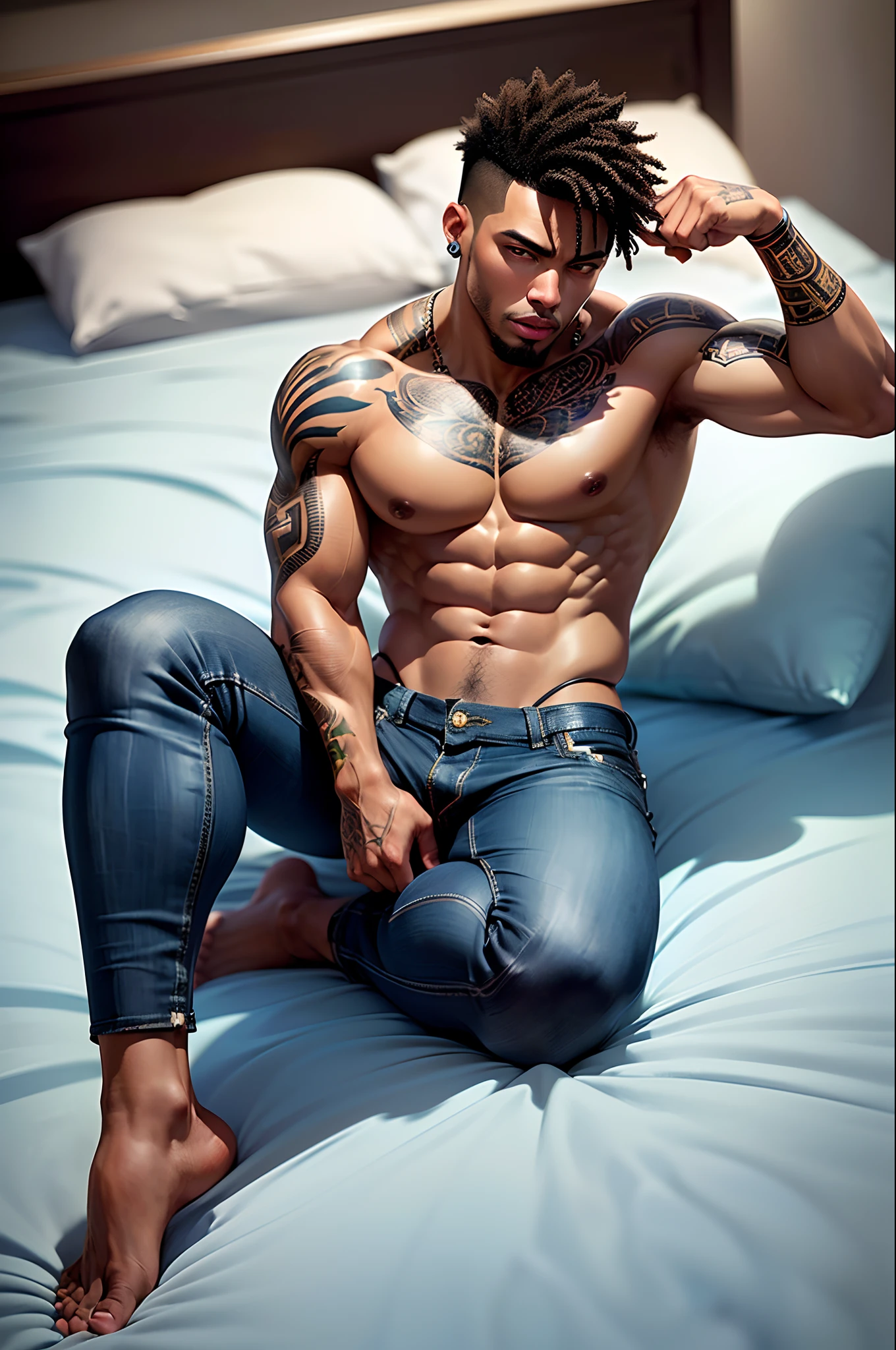 The most sexy and handsome nude african American male, black hair, green eyes, muscular and athletic build, tons of tattoos and piercings, only wearing blue jeans, in his bed, highly detailed bedroom, perfect masterpiece, high quality, high resolution