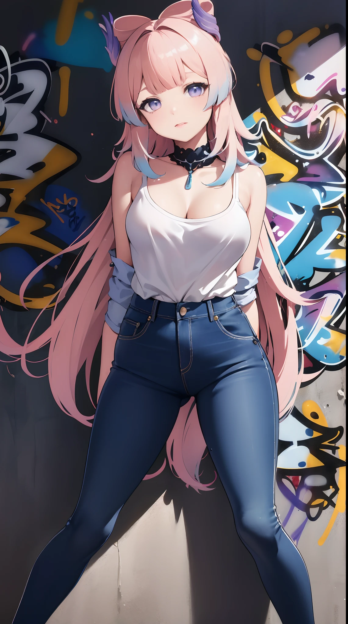 Sankonomiya|Kokomi Genshin Effects, master-piece, bestquality, 1girls,20 age, Double tail hairstyle, proportional body, Long Jeans, oversized breasts, ,bara, (Graffiti:1.5), Splash with purple lightning pattern., arm behind back, against wall, View viewers from the front., Head tilt,