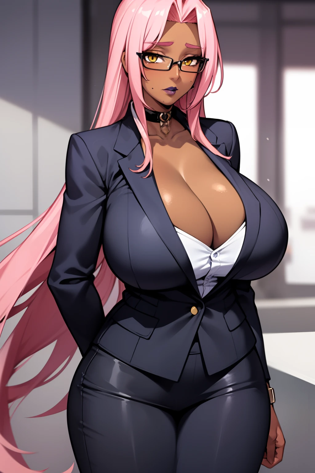 1girl,ingrid, dark-skinned female, very long hair, yellow eyes, purple lips, pink hair, forehead, hair intakes, mole under mouth, mole, huge breasts,business suit, formal, jacket suit, skirt suit, cleavage,cowboy shot,glasses