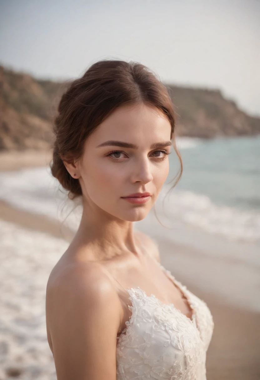 artistic portrait of a beautiful woman, masterpiece,beach scene,white dress,close up