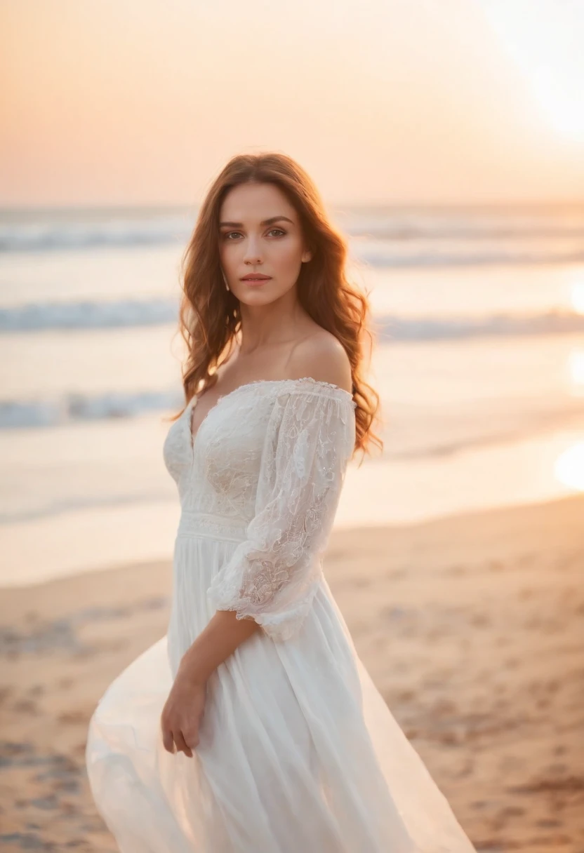artistic portrait of a beautiful woman, masterpiece,beach scene,white dress,close up