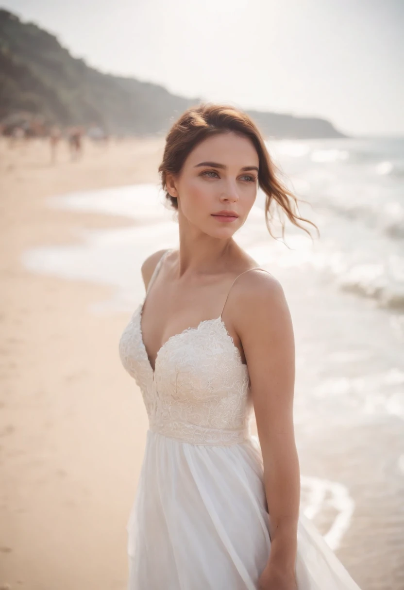 artistic portrait of a beautiful woman, masterpiece,beach scene,white dress,close up