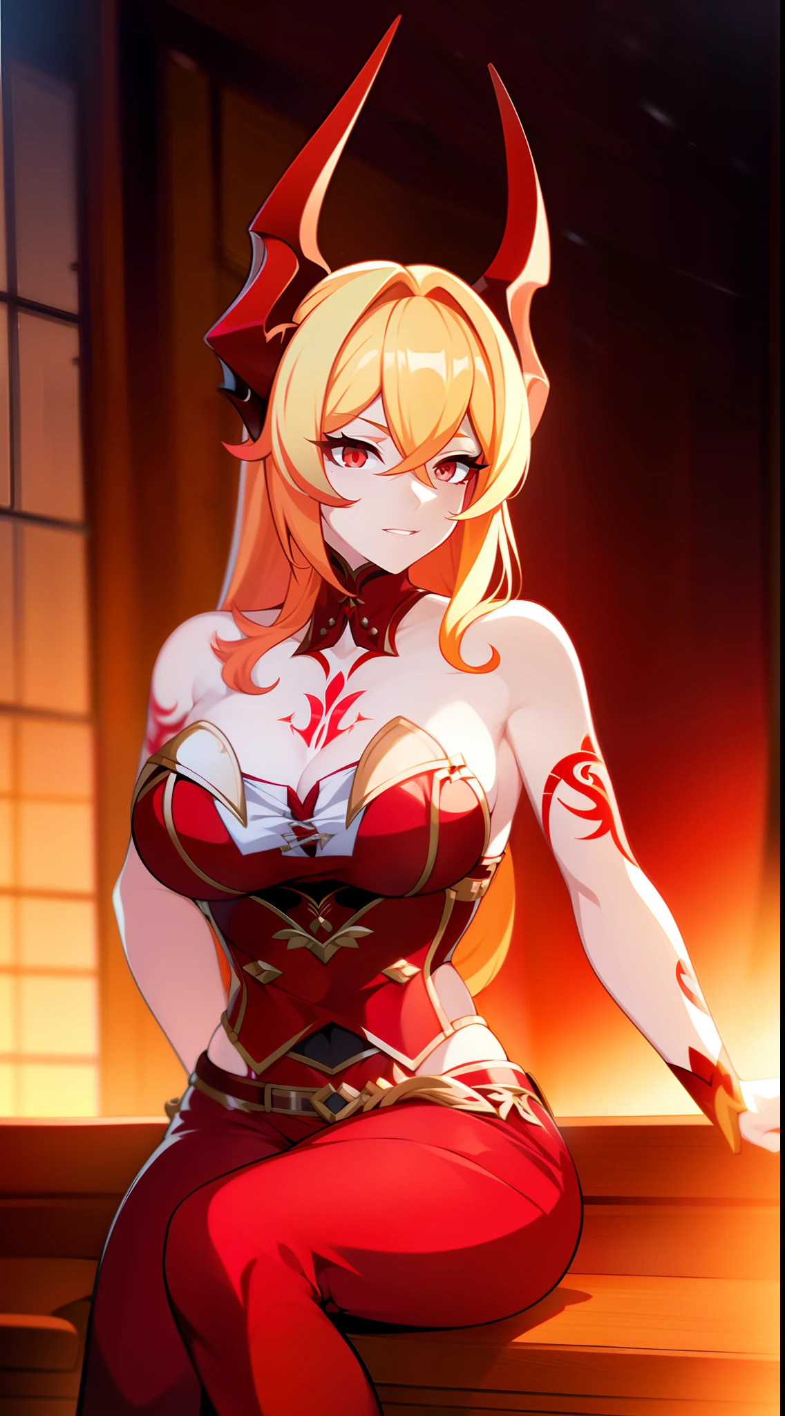 adult girl, longue blonde hair, red eyes, Red Dragon Horns, tattoo, red tight corset, open breasts, Deep wide neckline, open shoulders, Visible navel, Jeans, sitting in chair, Masterpiece, hiquality, 4k, HD, Good detail