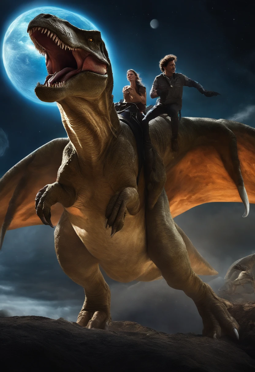 The cat rides on the back of a Tyrannosaurus rex，Offensive stance，The Tyrannosaurus rex rode a cat on its back，There are flying saucers floating in the sky like pizza，The background is the vastness of the universe，a realistic style，ultraclear，photorealestic，
