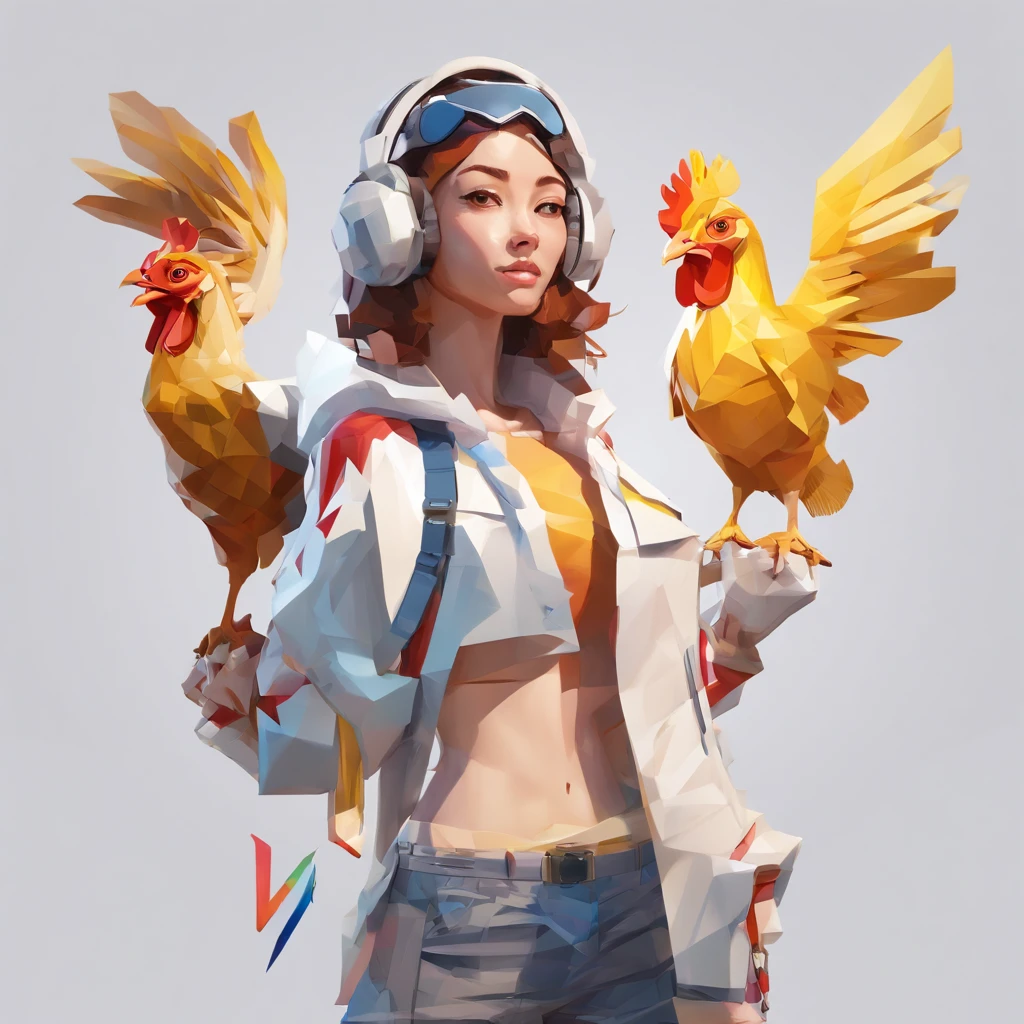 ((Female with chicken head))、sexy underwear、Only the head is a chicken human、Perfect centering, Wear a student team jacket, Wearing sunglasses, Wearing headphones, cheerfulness, Standing position, Abstract beauty, Centered, Looking at the camera, Facing the camera, Approaching perfection, Dynamic, Highly detailed, Smooth, Sharp Focus, 8K, hight resolution, Illustration, art by carne griffiths and wadim kashin, White background、total、Full Body Angle、flying though the air