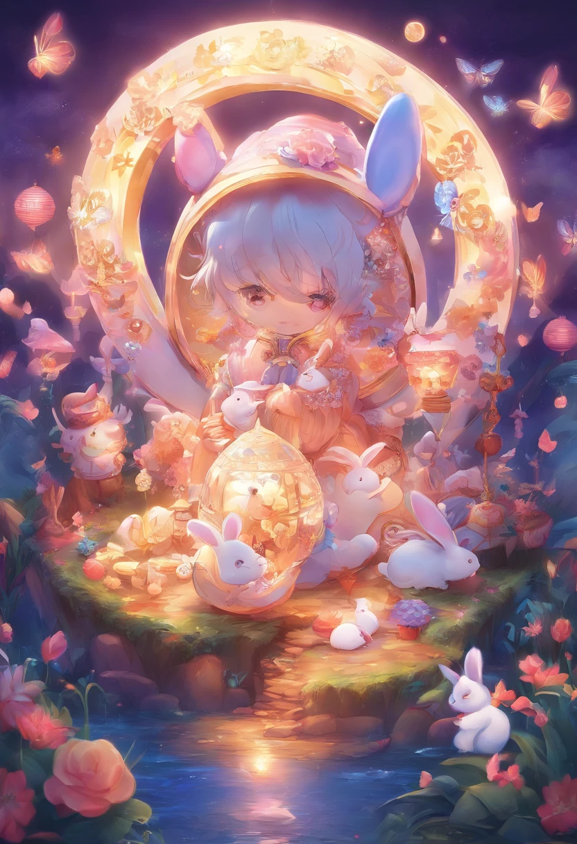 Q version of the rabbit,Cute and cute,Moon cake,laurel,themoon,The light is depicted in detail,orange tint,oc rendered,high qulity,tmasterpiece,Hyper-realistic,Ultra photo realsisim,8K,super-fine,ultra - detailed,Ultra-wide angle of view,dynamic viewing angle