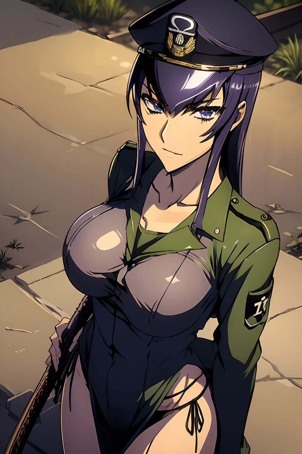 Saeko Busujima vestida con un uniforme militar negro, general, abrigo negro, saludo de soldado, militar, mirando al espectador, uniforme militar, uniforme aleman, nazi, gorra militar, katana